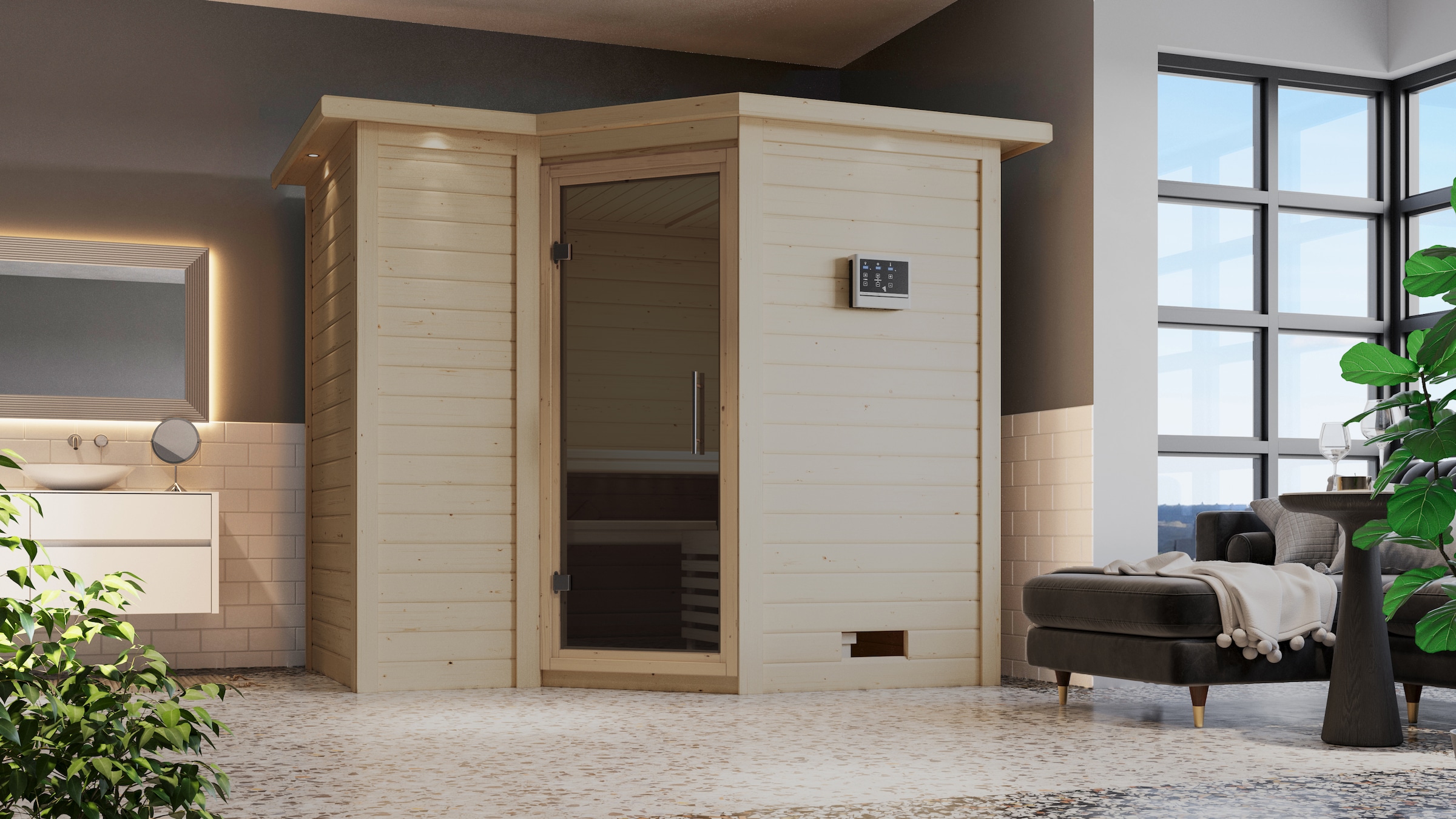 Karibu Sauna »Sanna 2«, 9-kW-Bio-Ofen mit externer Steuerung