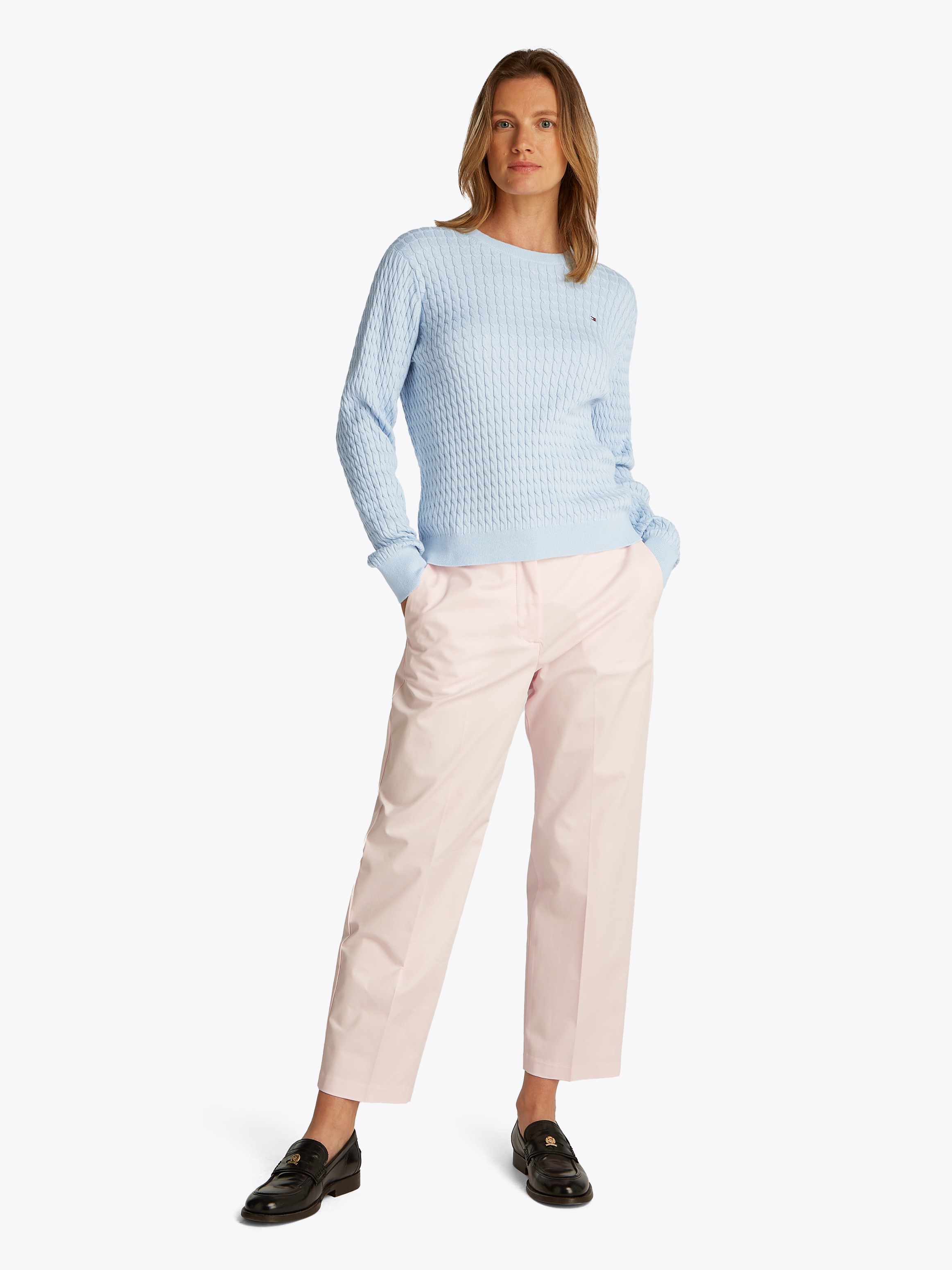 Tommy Hilfiger Rundhalspullover »CO CABLE C-NK LS SWEATER« Baumwolle, mit Zopfmuster, Regular Fit