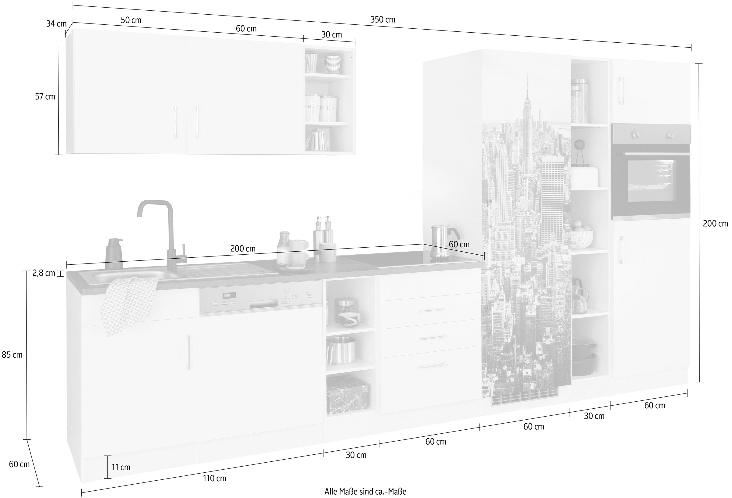 HELD MÖBEL Küchenzeile »Paris«, ohne E-Geräte, Breite 350 cm