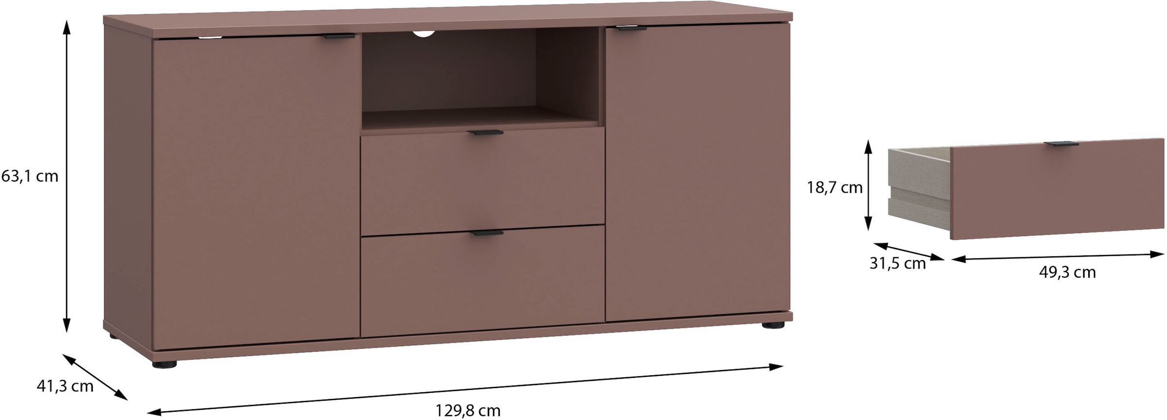 FORTE Lowboard »Ganymede«, (Breite 129,8cm), TV Board, Stauraum, Schublade; Metallgriffe, Kabelführung