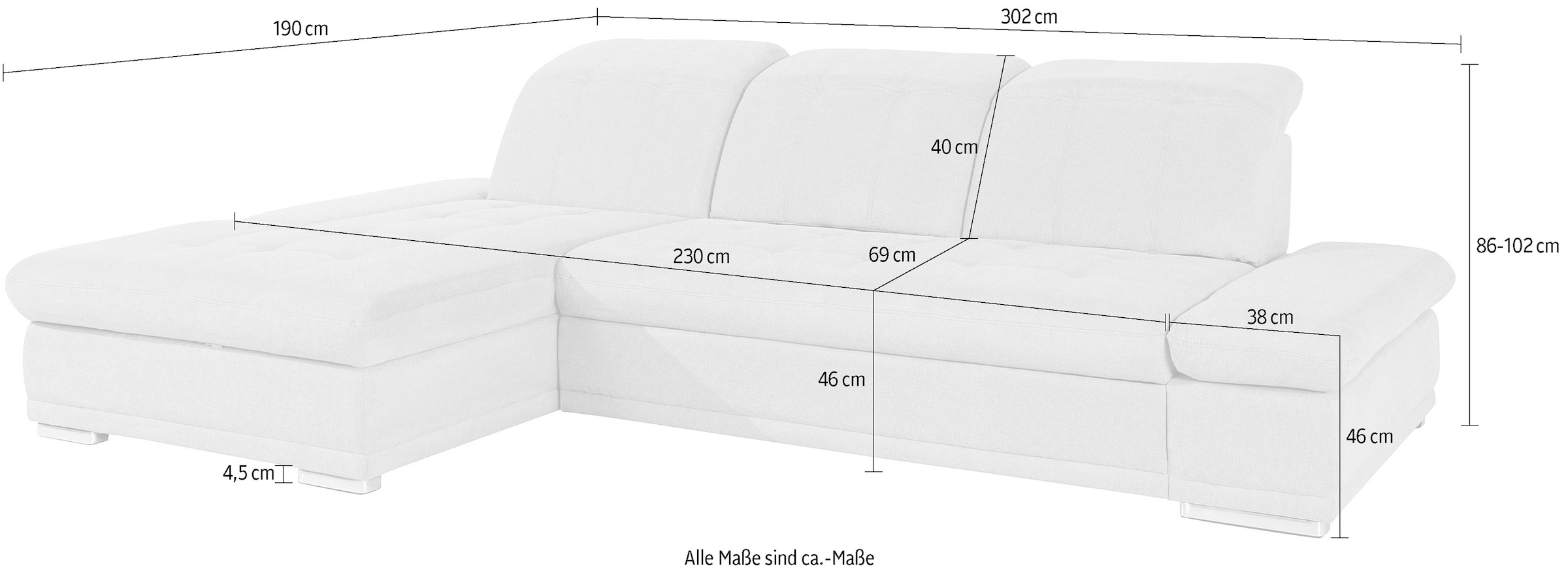 COTTA Ecksofa »Holiday L-Form mit Sitztiefen-, Armteil- und Kopfteilverstellung«, wahlweise mit Bettfunktion & Bettkasten