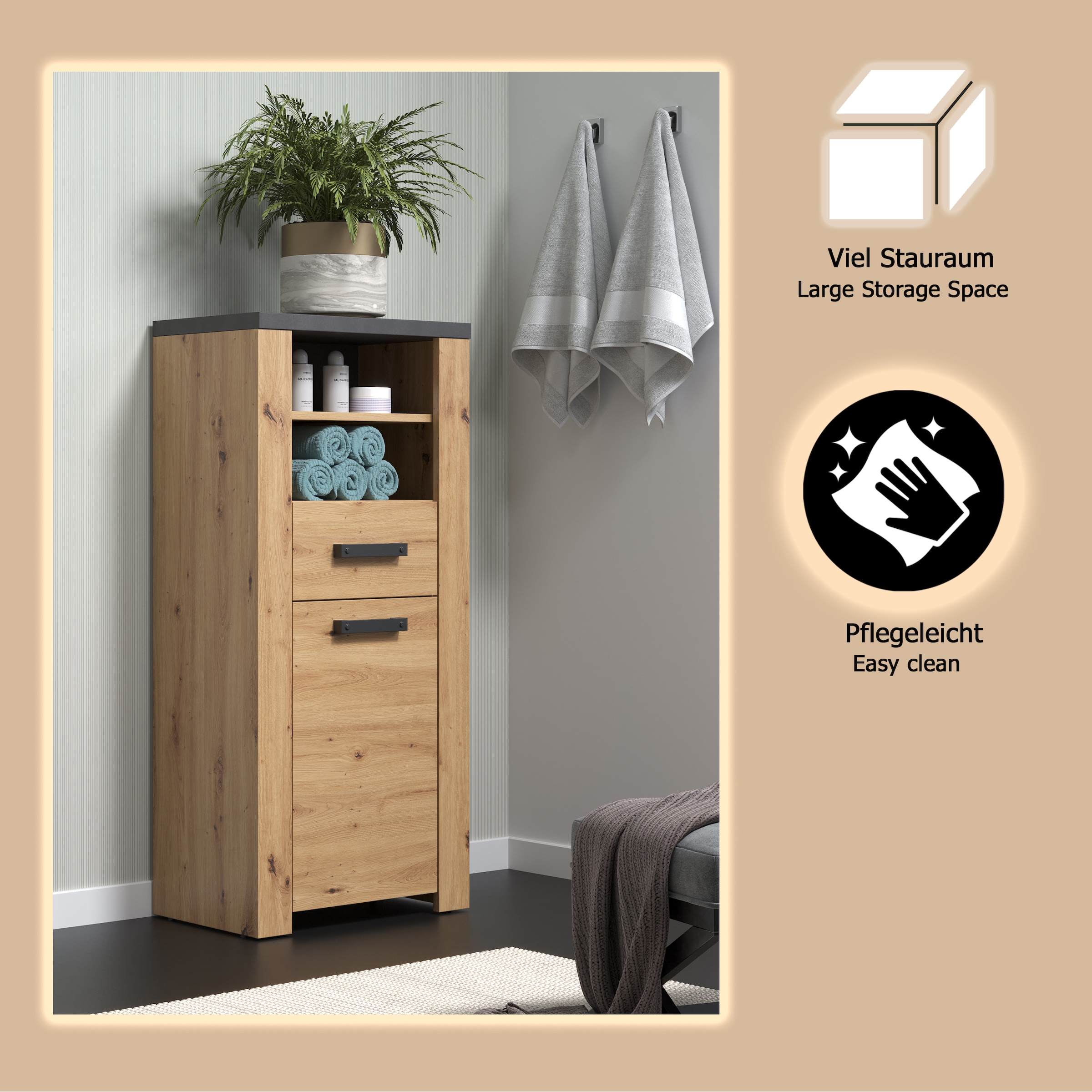 welltime Midischrank »Ambres« 1 Stk. tlg. Badschrank in matter Echtholzoptik - Maße (B/T/H) 53/35/118 cm