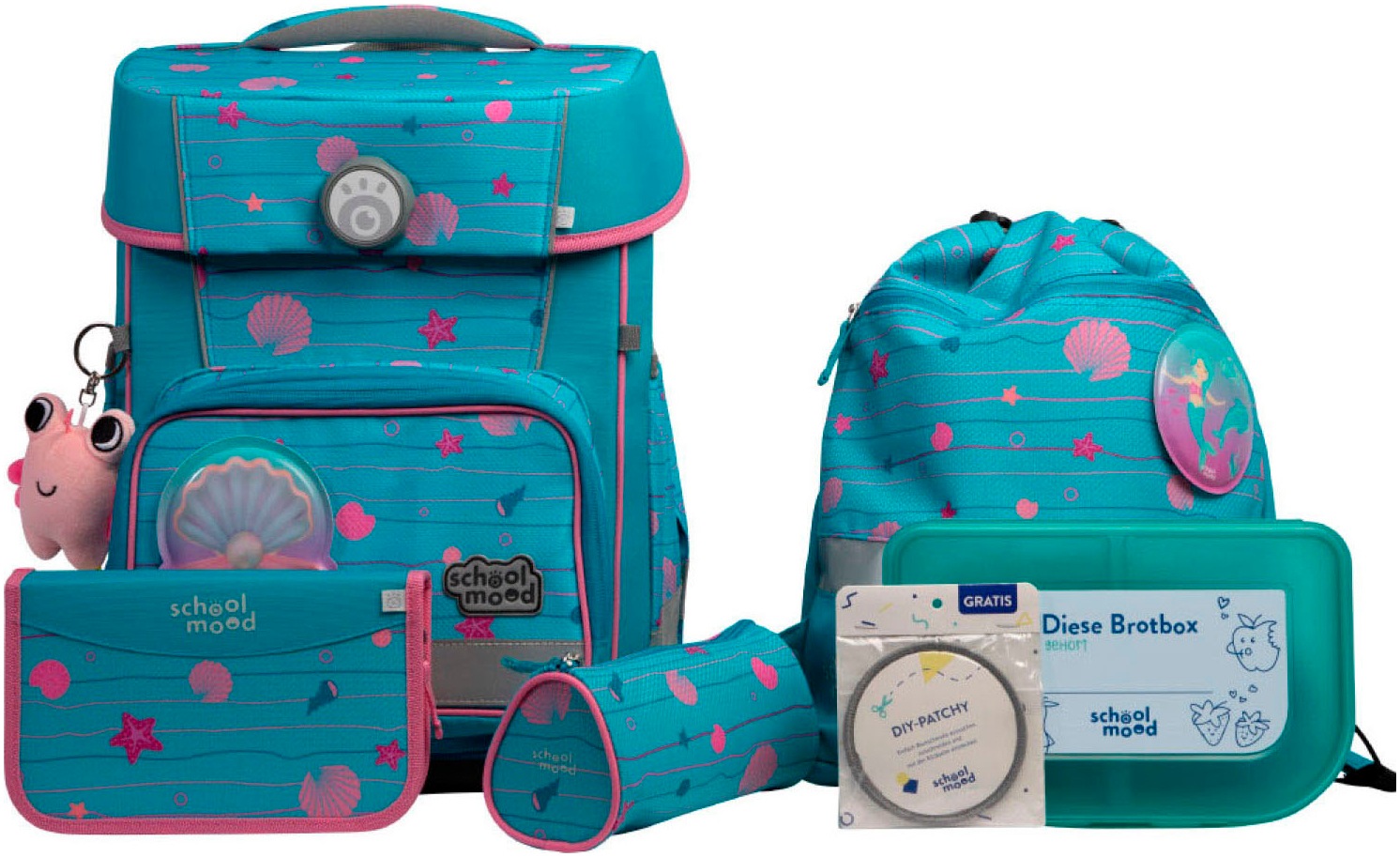 SCHOOL-MOOD Schulranzen »Champion Pro« retroreflektierende Flächen mit LED-Patchy Lilly (Mermaid) mit Moodie Charly Clever