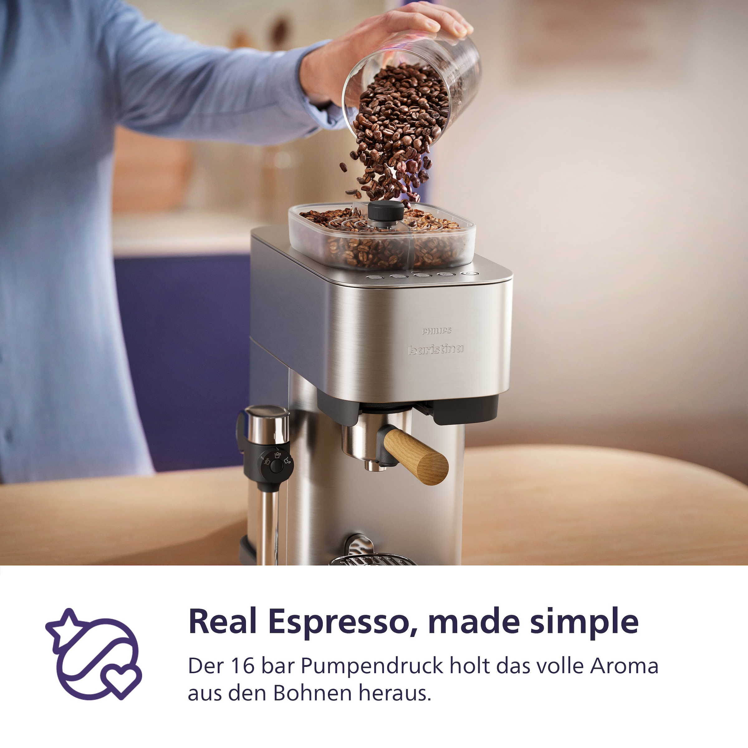 PHILIPS baristina Espressomaschine »Latte Plus BAR700/00 mit Mahlwerk für ganze Bohnen« automatische Milchdüse, 16 bar Pumpendruck, Edelstahl/Eschenholz