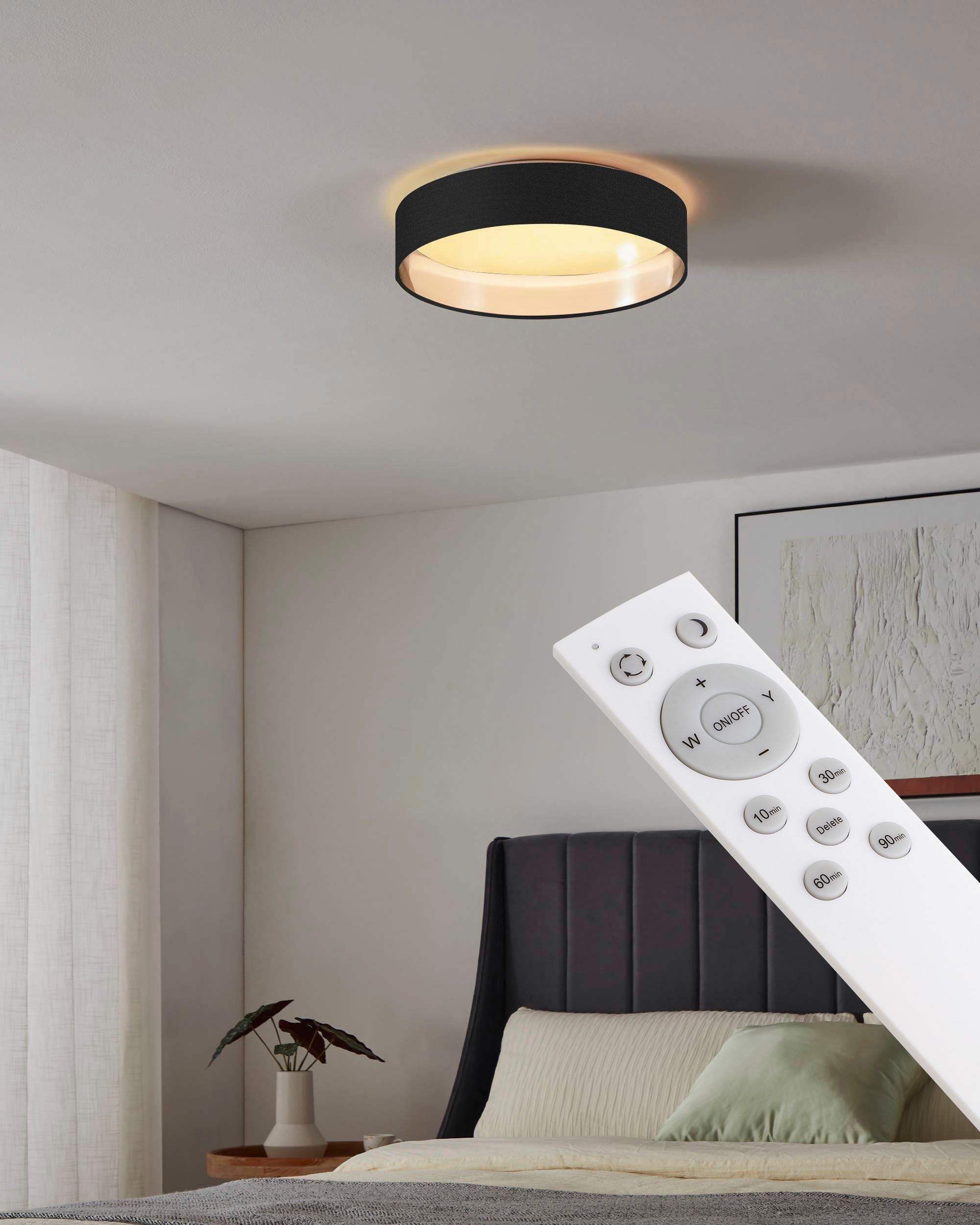 Leonique LED Deckenleuchte »Juria«, 1 flammig, Leuchtmittel LED-Modul | LED fest integriert, Deckenlampe Ø38 x H9 cm mit Textil-/Stoffschirm, CCT, Fernbedienung