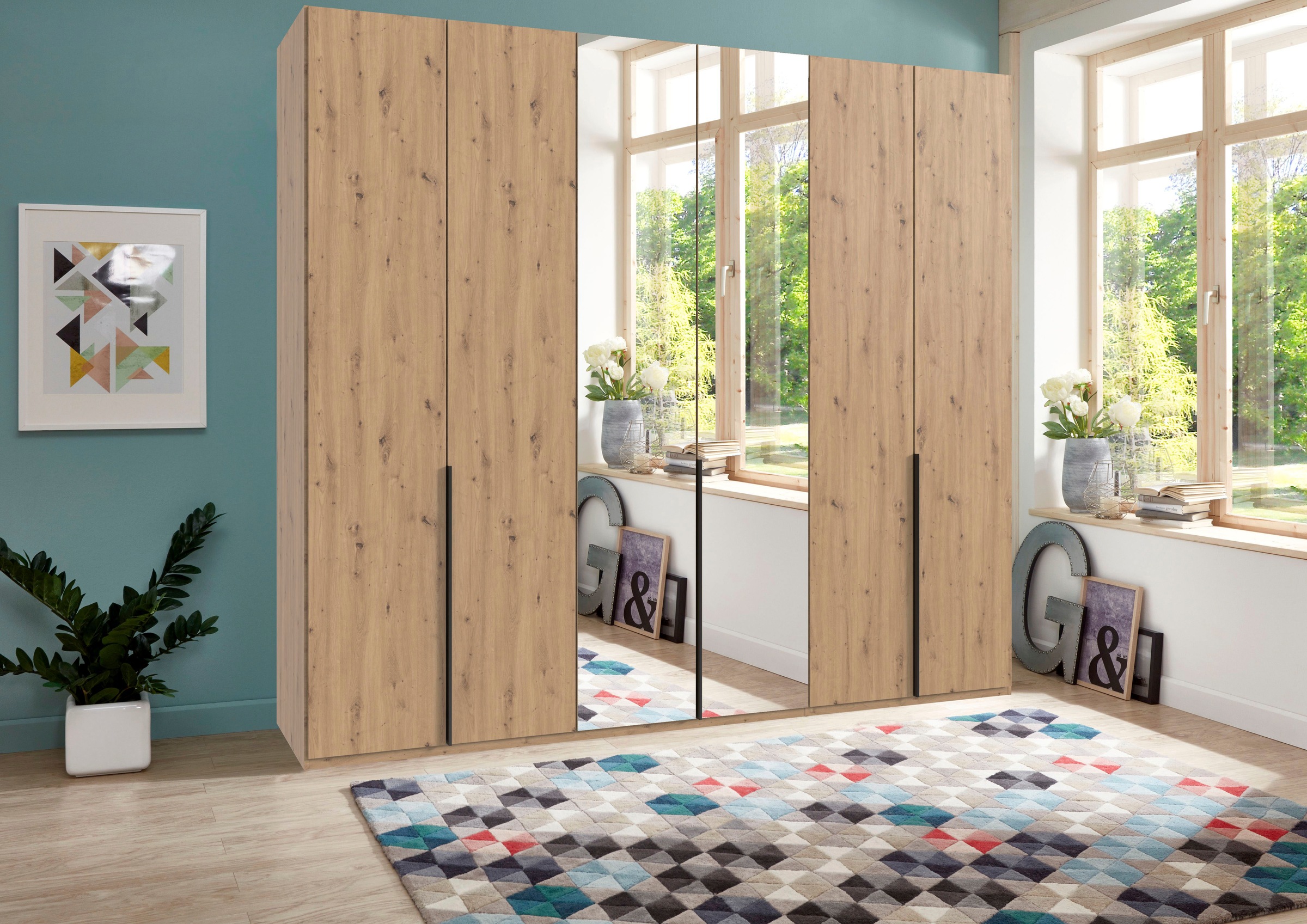 Wimex Kleiderschrank »Mugano, in 5 Breiten und 2 Höhen, Made in Germany«, (in Basic oder Premium Ausstattung mit 2 weiteren Einlegeböden), mit langen Griffstangen aus Metall, wahlweise mit oder ohne Spiegel