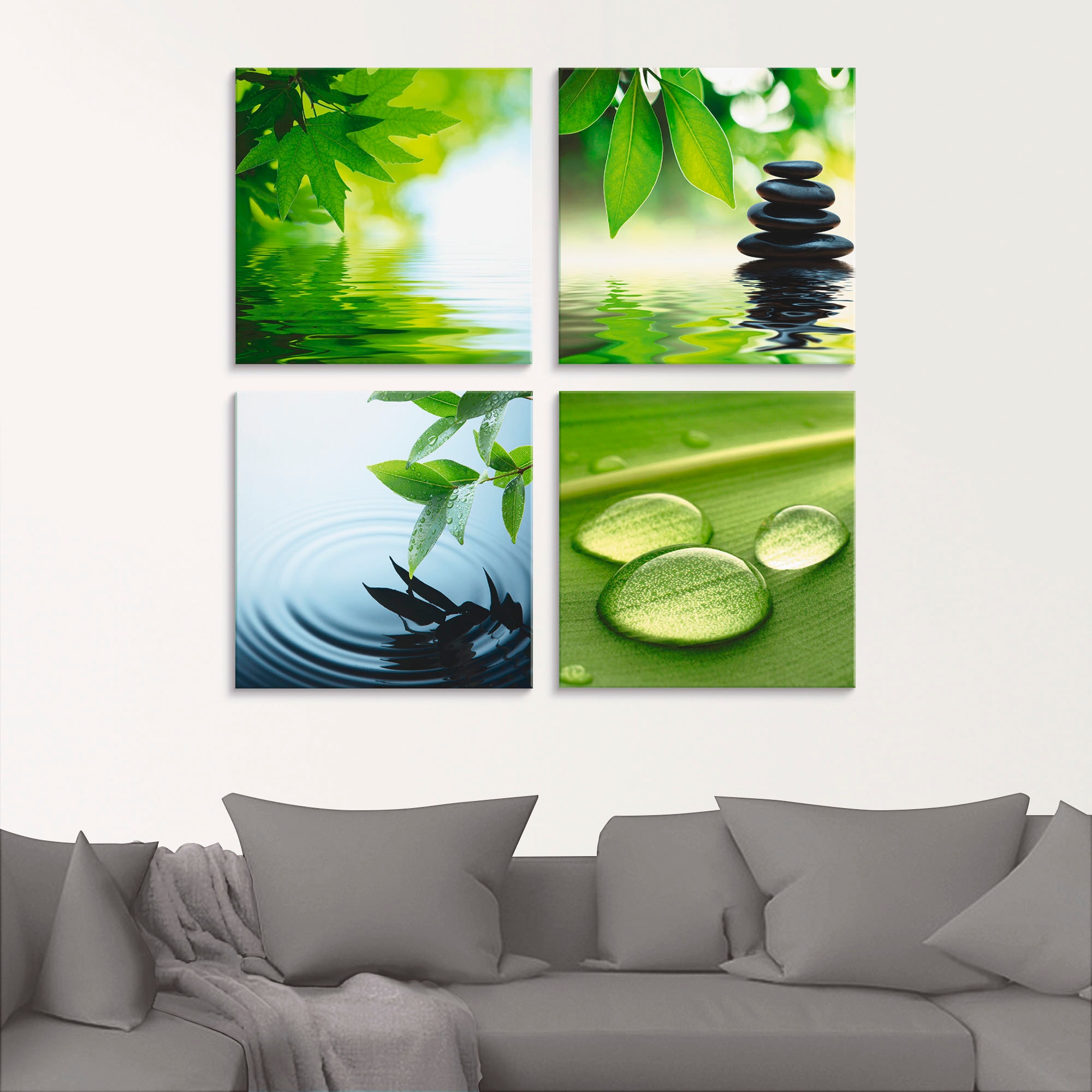 Artland Glasbild "Blätter Wasser Zen Steinpyramide Tropfen", Zen, (4 St.), günstig online kaufen