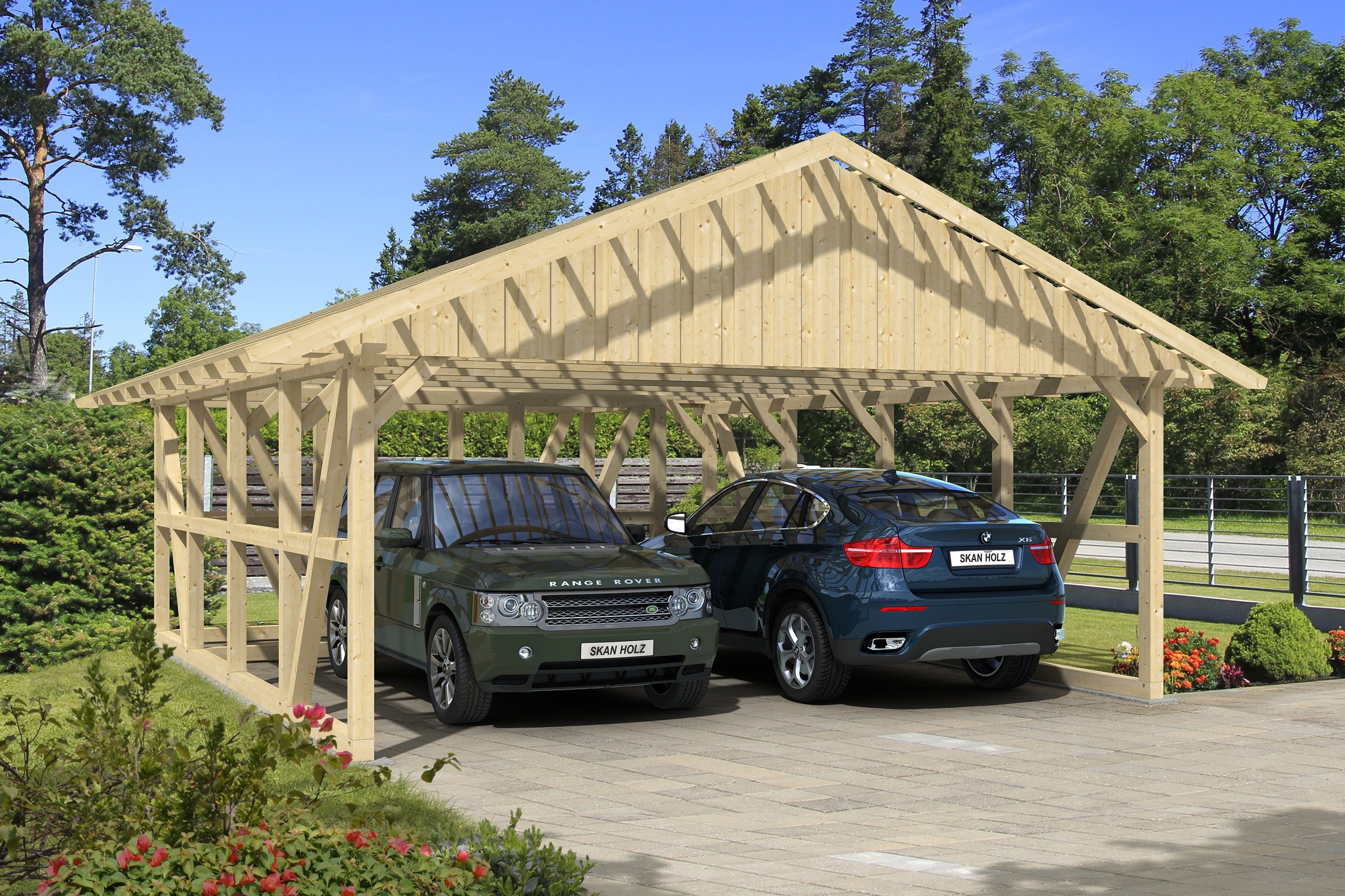 Skanholz Doppelcarport »Schwarzwald«, KVH-Fichte, 560 cm, Natur, mit Dachlattung