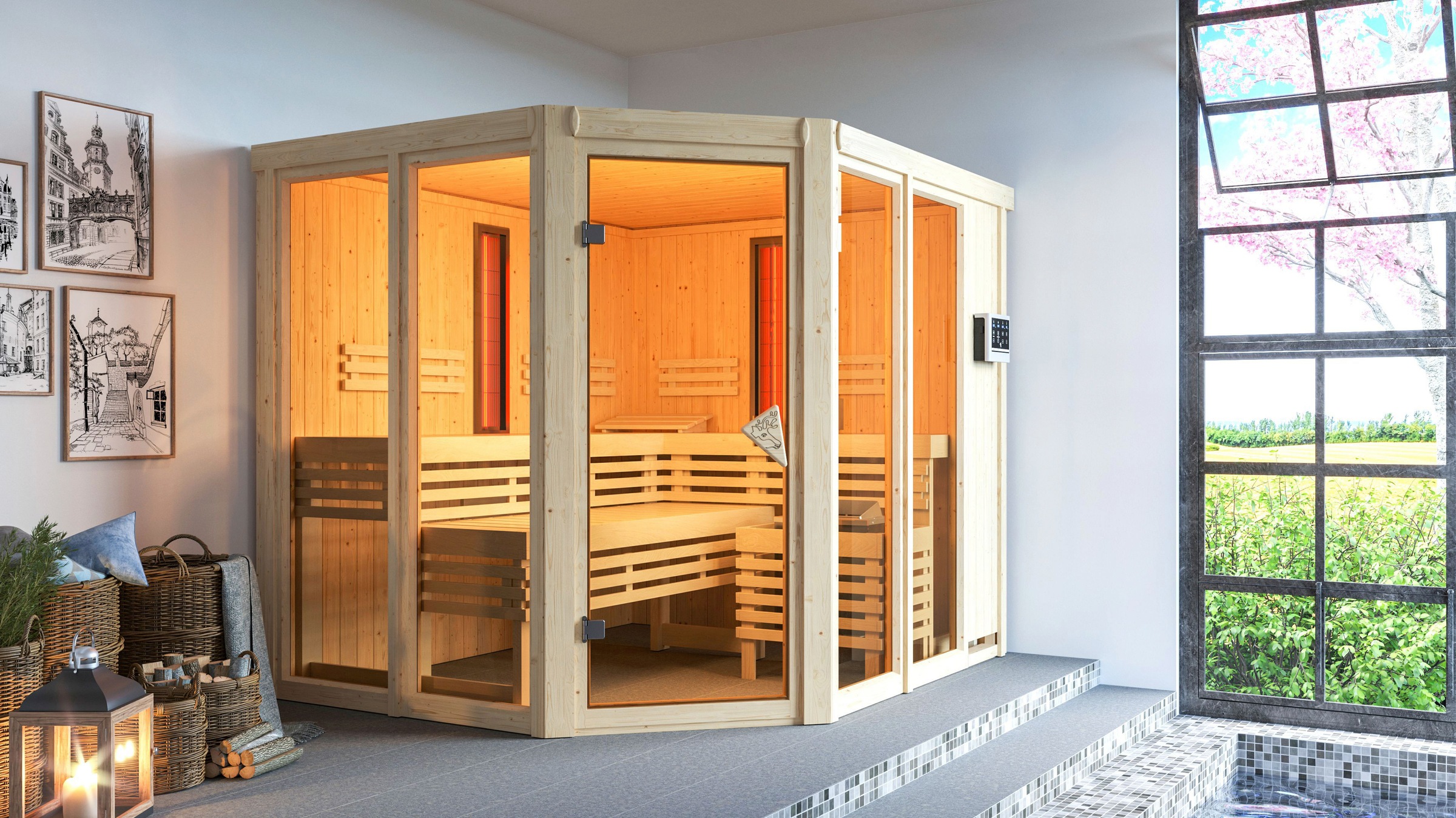 Karibu Sauna »Avril« Set,  Ofen 9 kW Bio externe Strg easy