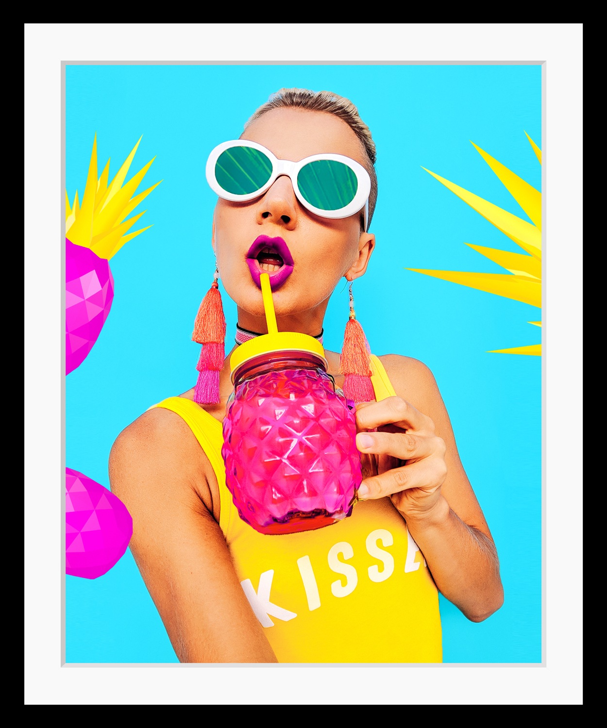 queence Bild »Jule«, Ananas-Kunst-Frau-Palmen-Pflanzen, HD Premium Poster-D günstig online kaufen