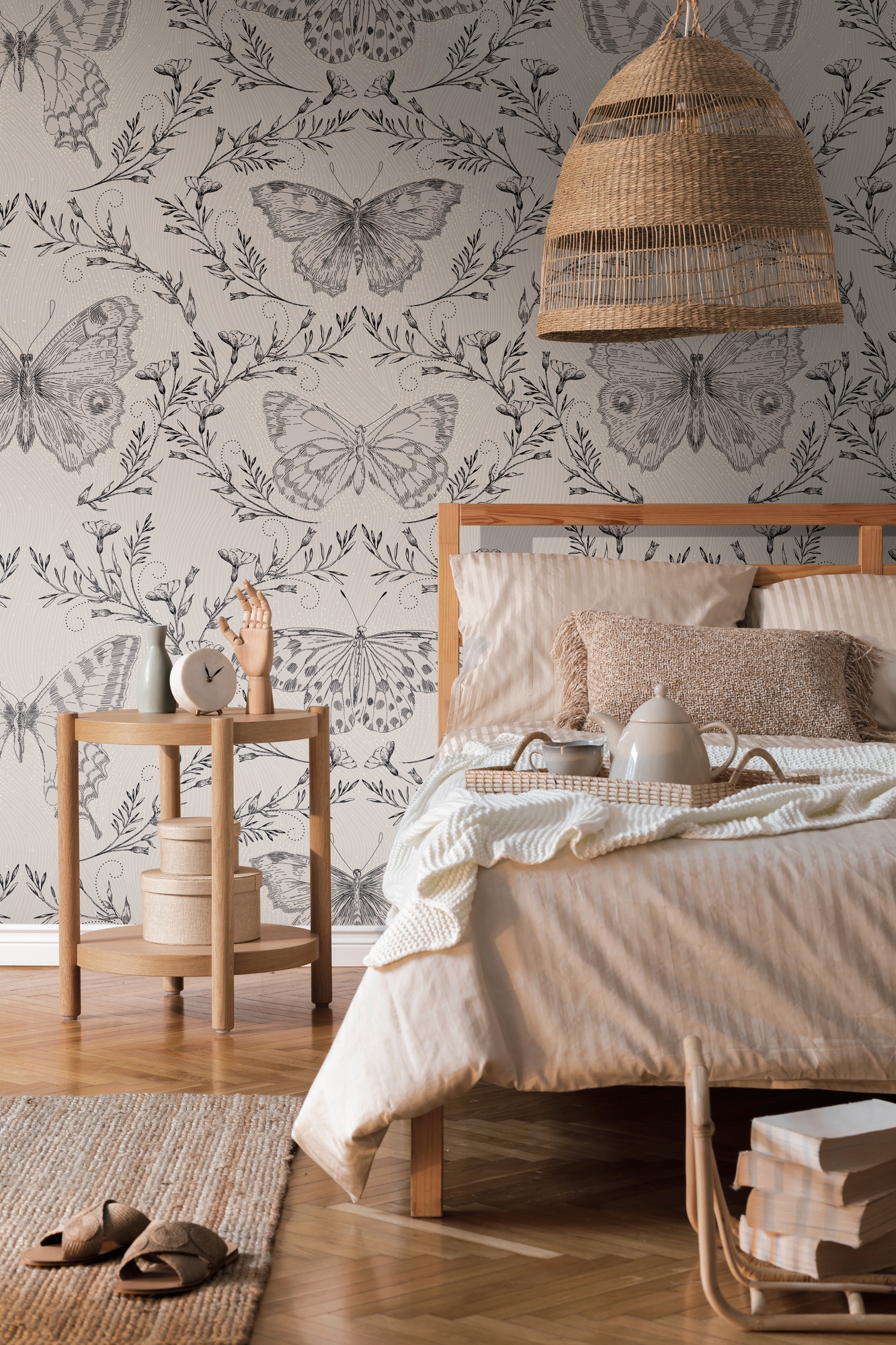 living walls Fototapete »Schmetterling Tapete«, matt-gemustert-neutral, Fototapete Blätterranke Tapeten Wohnzimmer Schlafzimmer Küche Design
