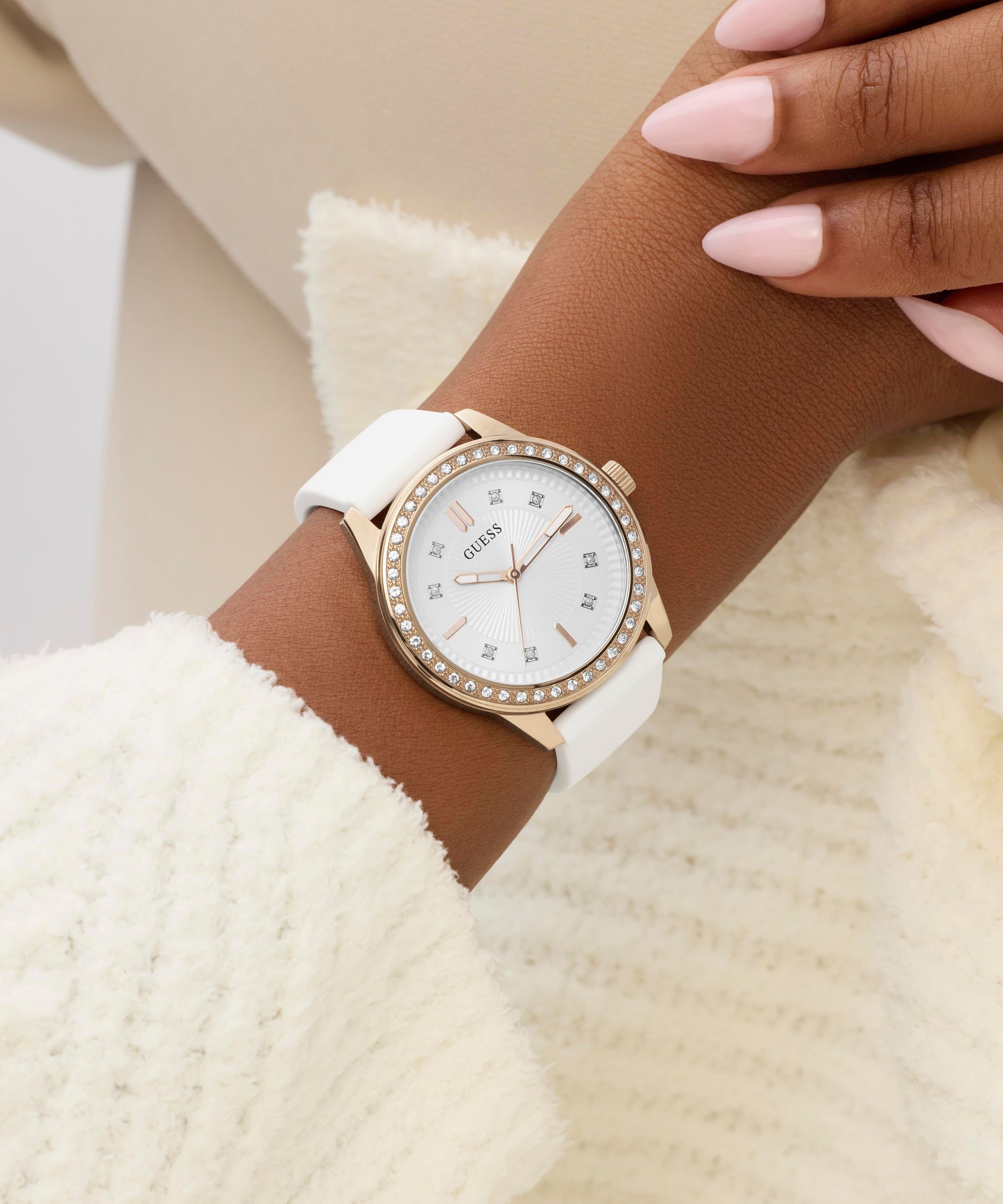 Guess Quarzuhr »MARGOO« Armbanduhr, Damenuhr, Silikonarmband, analog