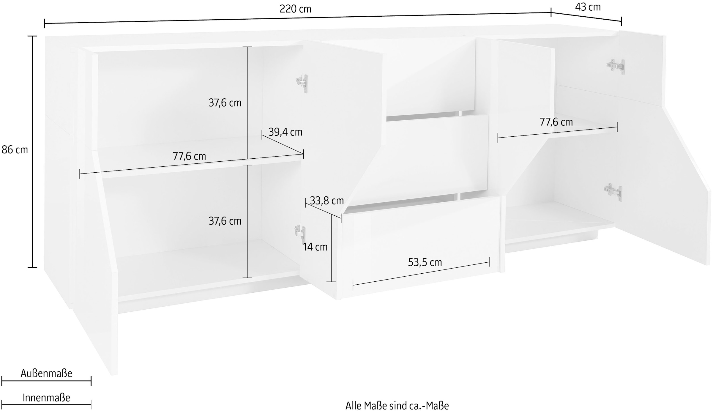 INOSIGN Sideboard »ALIEN-Kommode, Schrank, Anrichte mit 4 Türen und 3 Schubkästen«, Sideboard Breite ca. 200 cm "100 % Made in Italy"