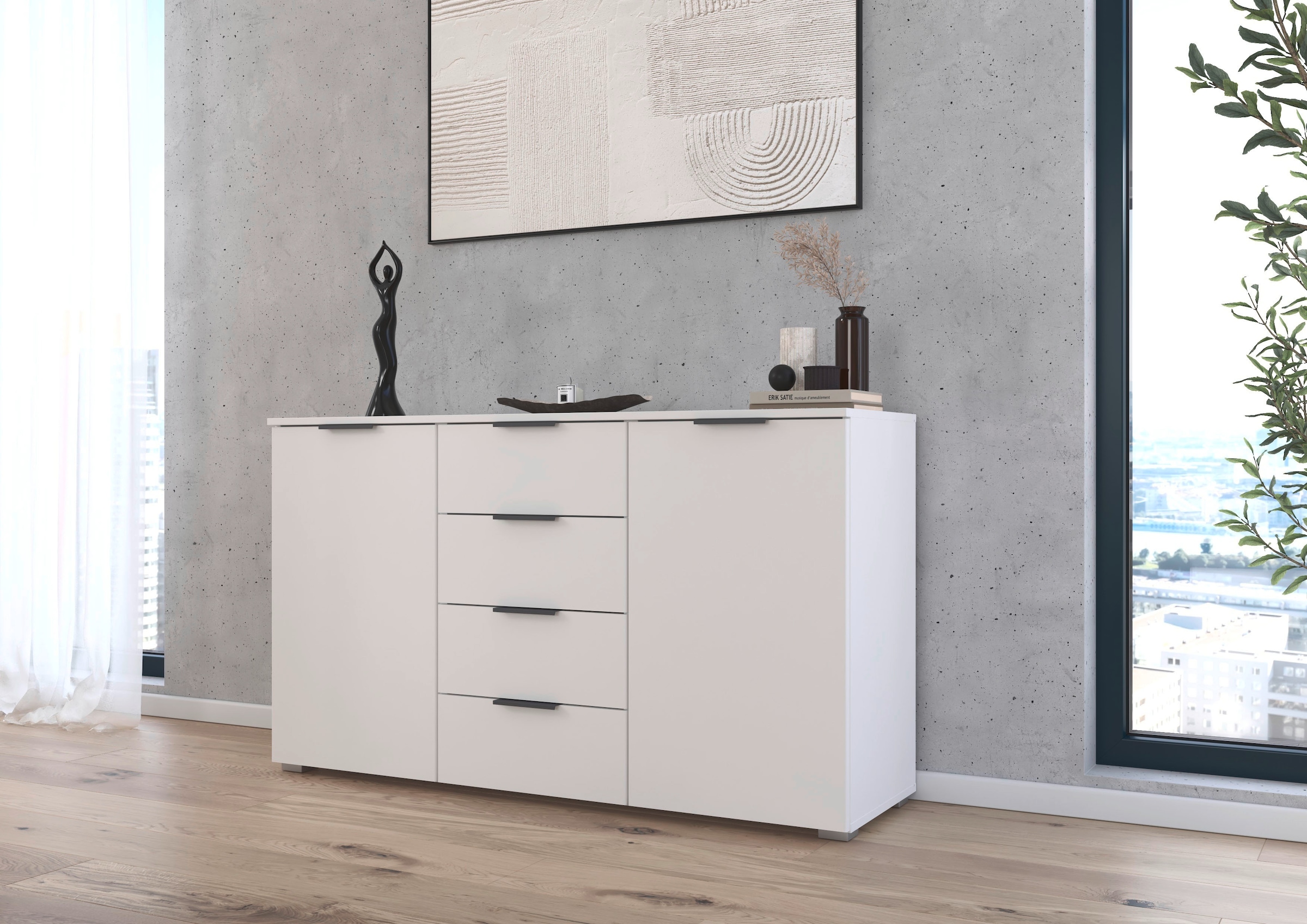 rauch Kombikommode »Sideboard Schubladenkommode AGORDO mit Dekor- oder Hochglanzfront«, (in zwei Griff-Farben, Breite 120 cm inkl. Soft-Close-Funktion), vier große Schubladen, mit insgesamt 4 Einlegeböden MADE IN GERMANY