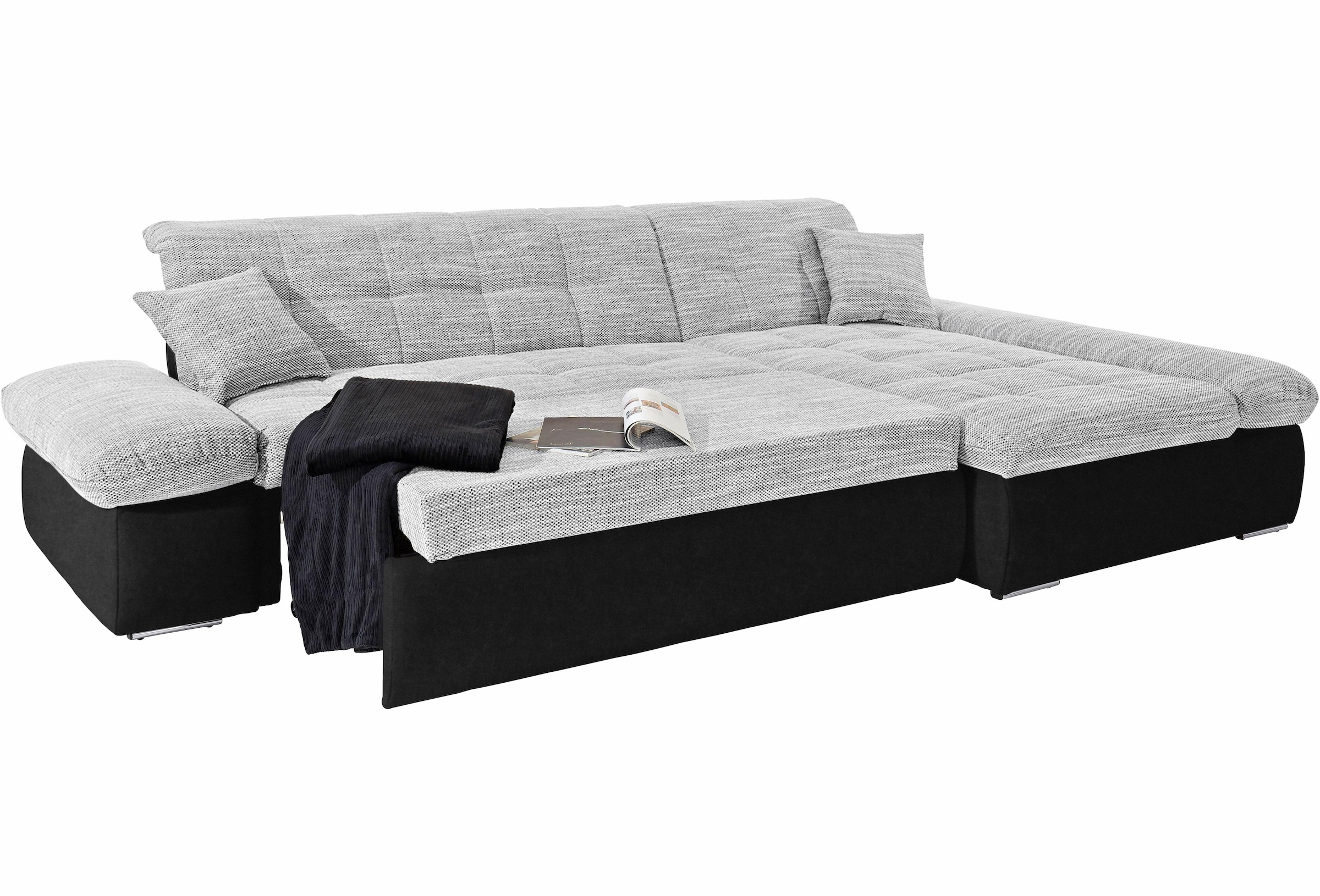 DOMO collection Ecksofa »Moric, L-Form, XXL-Sofa - Breite 300cm«, wahlweise mit Bettfunktion und Armteilverstellung, schwarz-silber