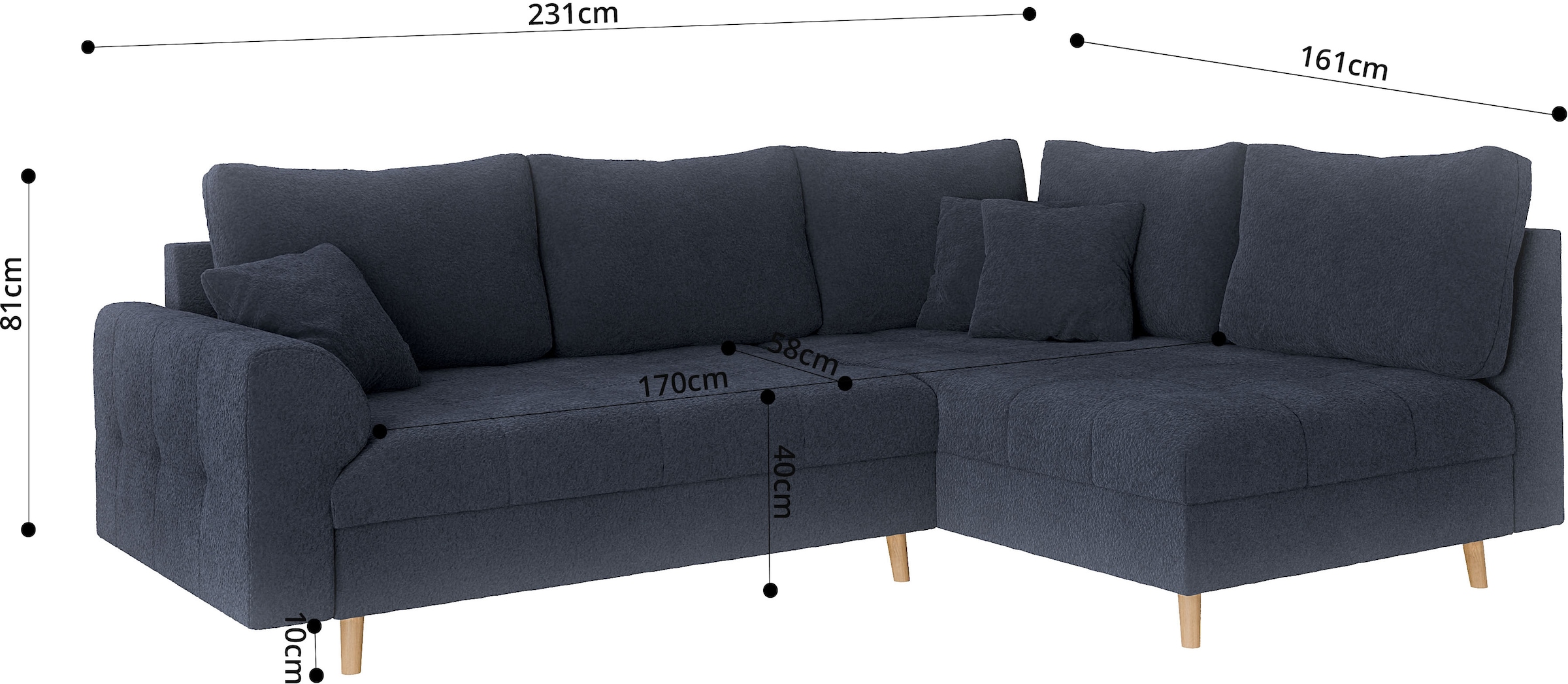 Home affaire Ecksofa »CHARRE L-Form mit Ottomane, Maße B/T/H: 231/161/81 cm«, feine Steppung, lose Rücken- und Zierkissen, auch in Cord und Bouclé