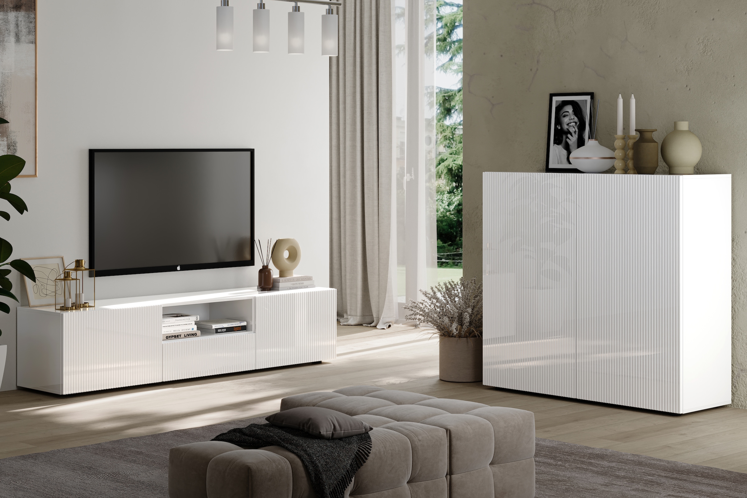INOSIGN Lowboard »Rio Breite 181 cm, TV-Board 2 Türen u. 1 Schubkasten, TV-Schrank«, geriffelte MDF-Fronten, modern u. elegant, Kabelführung, viel Stauraum