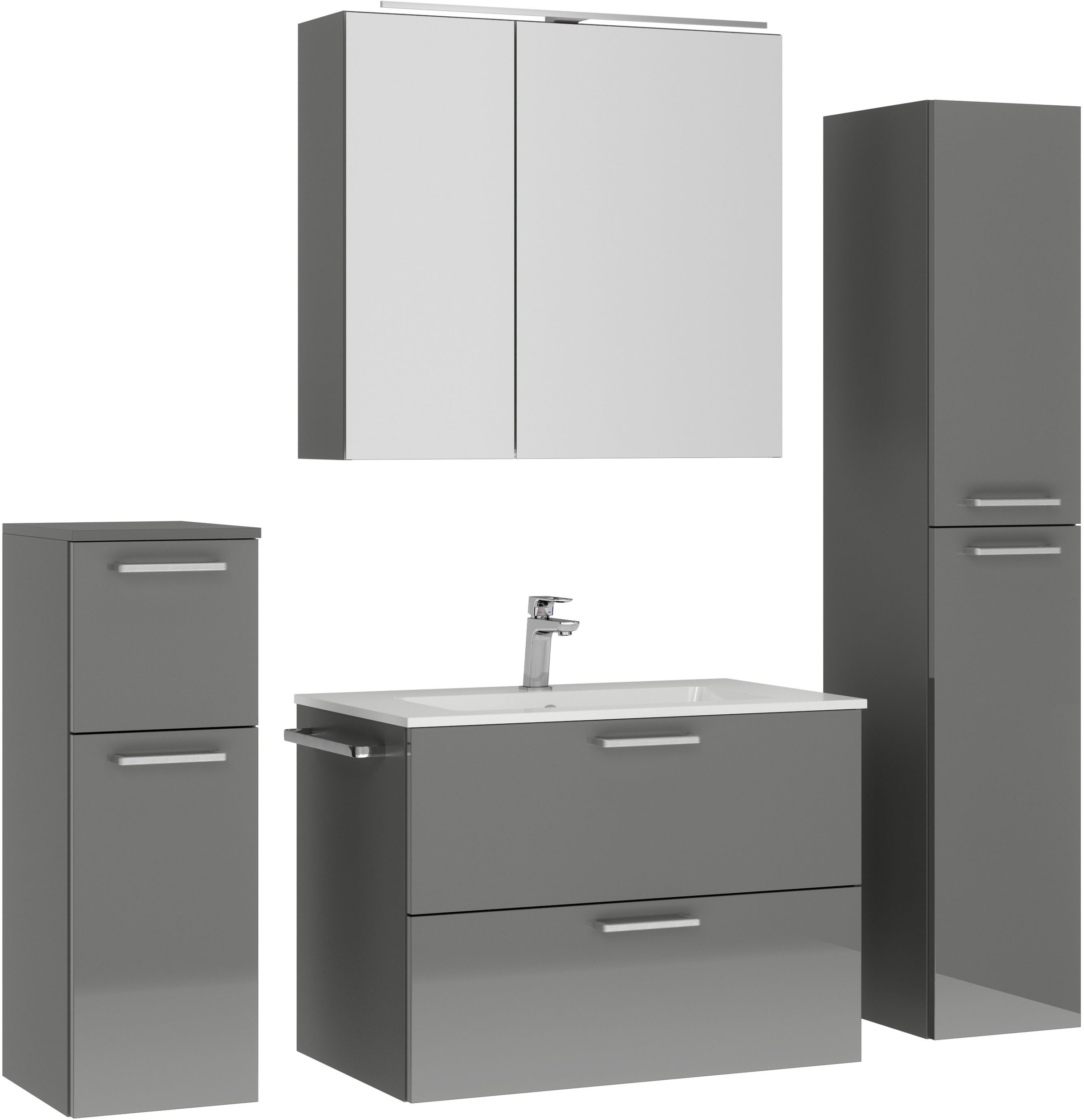 nobilia® Badmöbel-Set »Tolvina«, (4 St., vormontiert, mit Soft-Close), inkl. Spiegelschrank mit Beleuchtung und Dimmerfunktion, in 4 Breiten