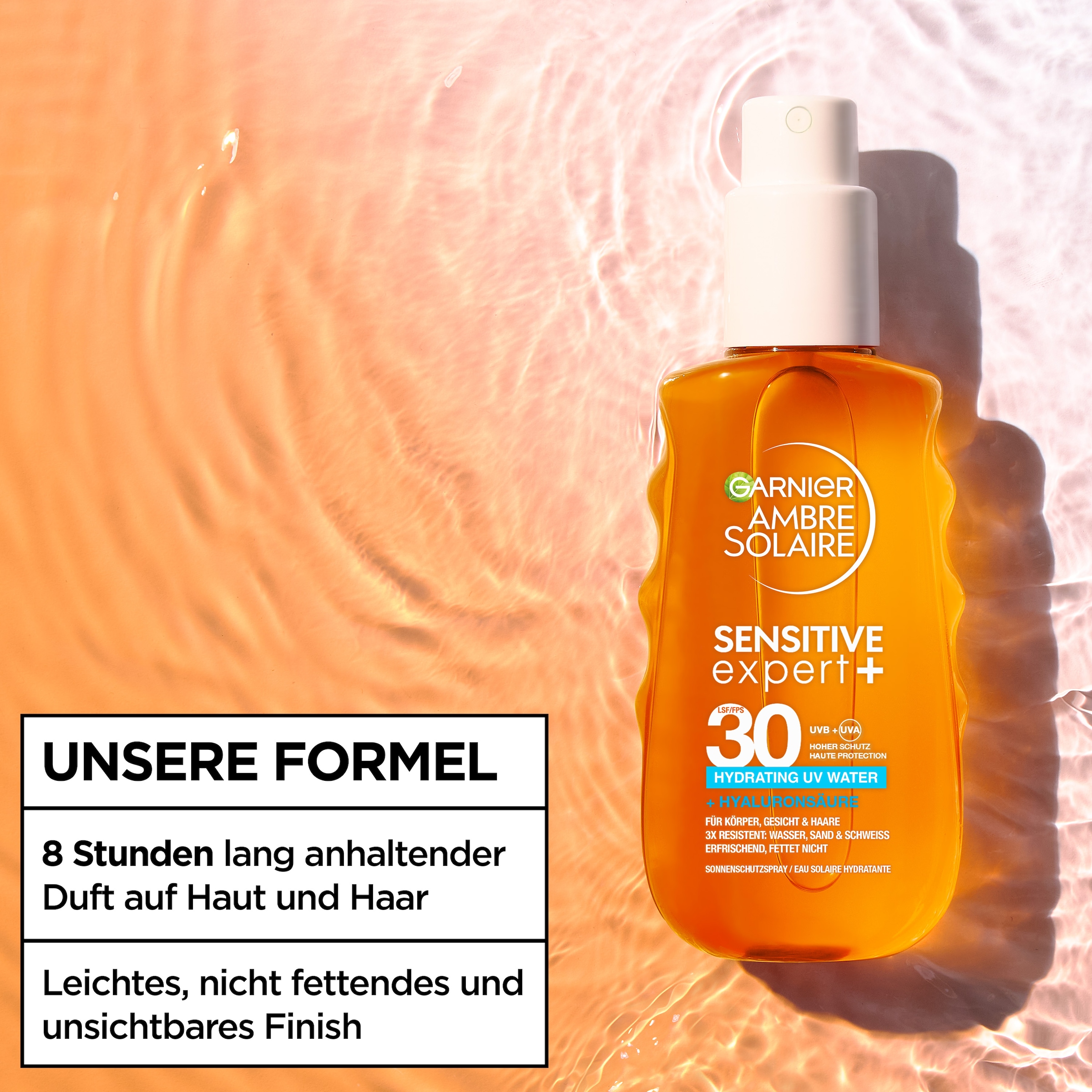 GARNIER Sonnenschutzspray »AMBRE SOLAIRE SENSITIVE EXPERT+ LSF 30« Hyddrating UV Water + Hyaluronsäure