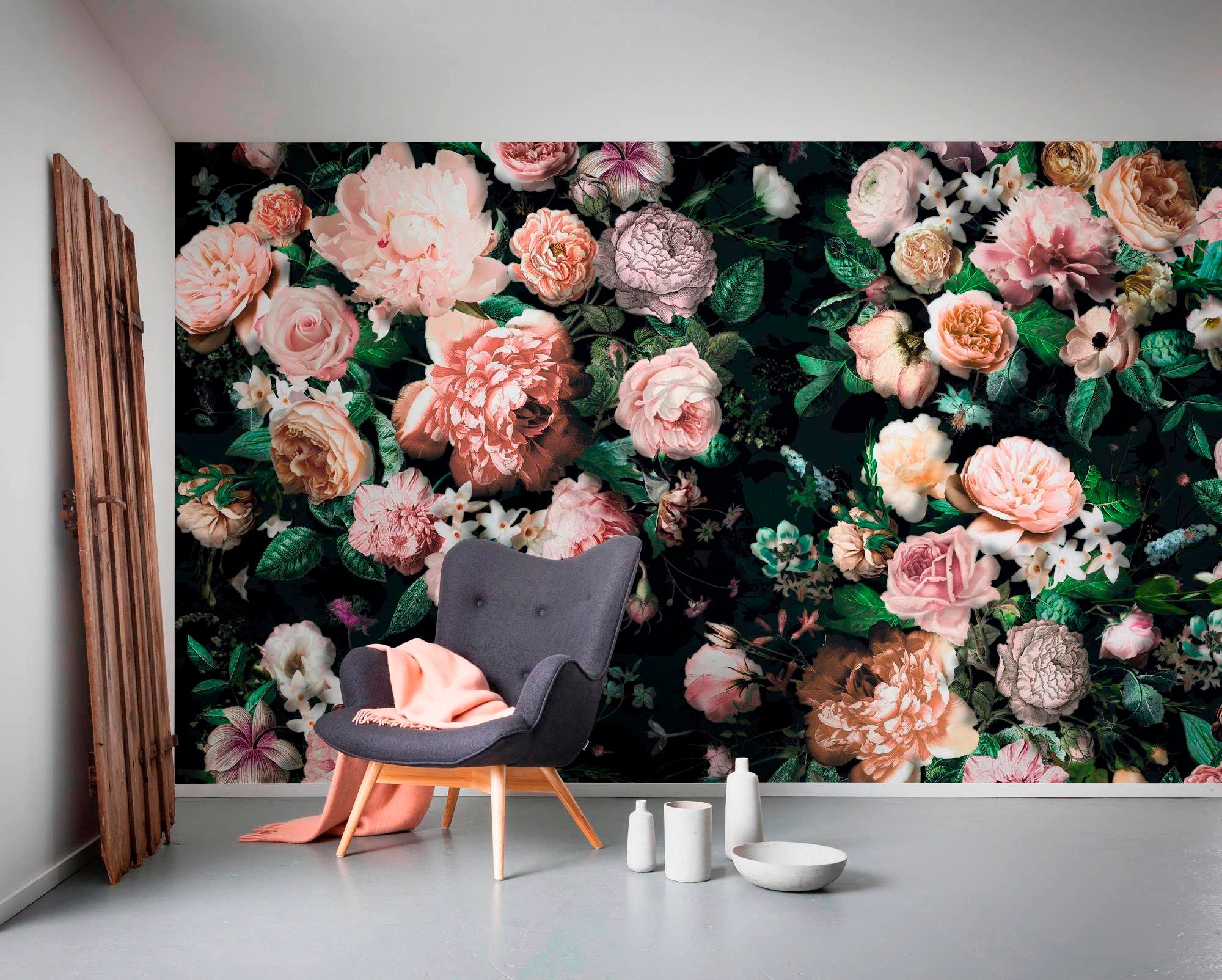 Sanders & Sanders Fototapete Blumen Multicolor Auf Schwarz 400 x 250 cm 611 günstig online kaufen