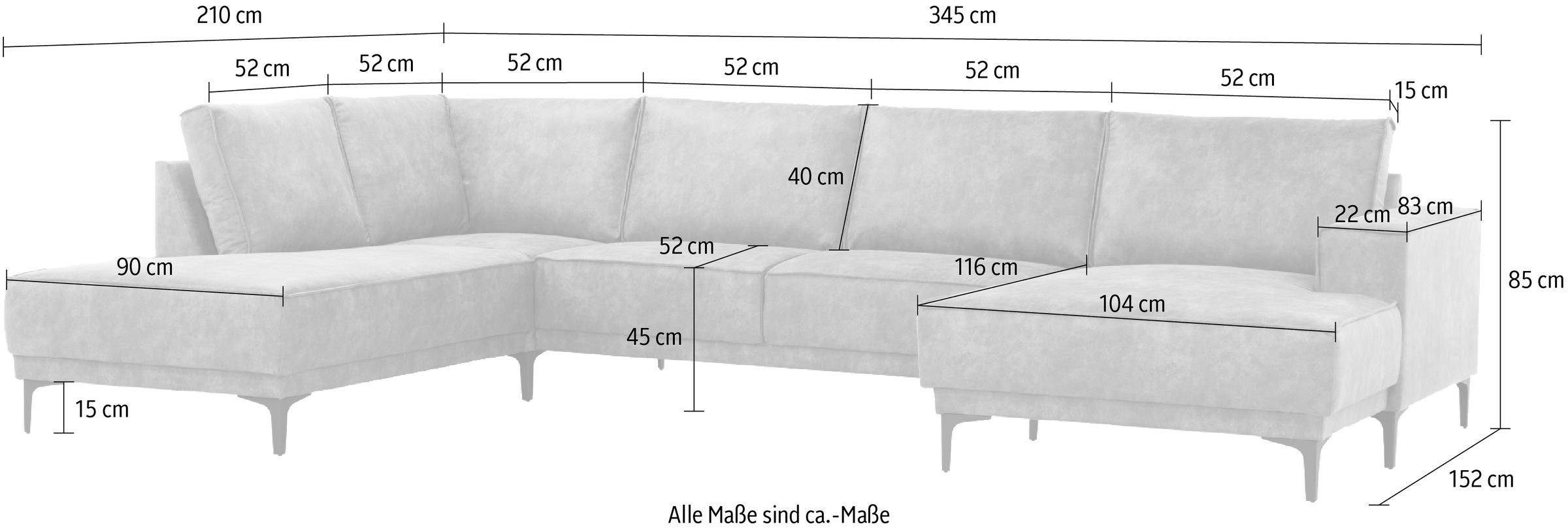 Places of Style Wohnlandschaft »XXL Sofa Oland, Struktur, Flachgewebe, Luxus-Microfaser, Boucle«, U-Form, 345 cm, Wellenunterfederung, Skandi-Design, Metallfüße