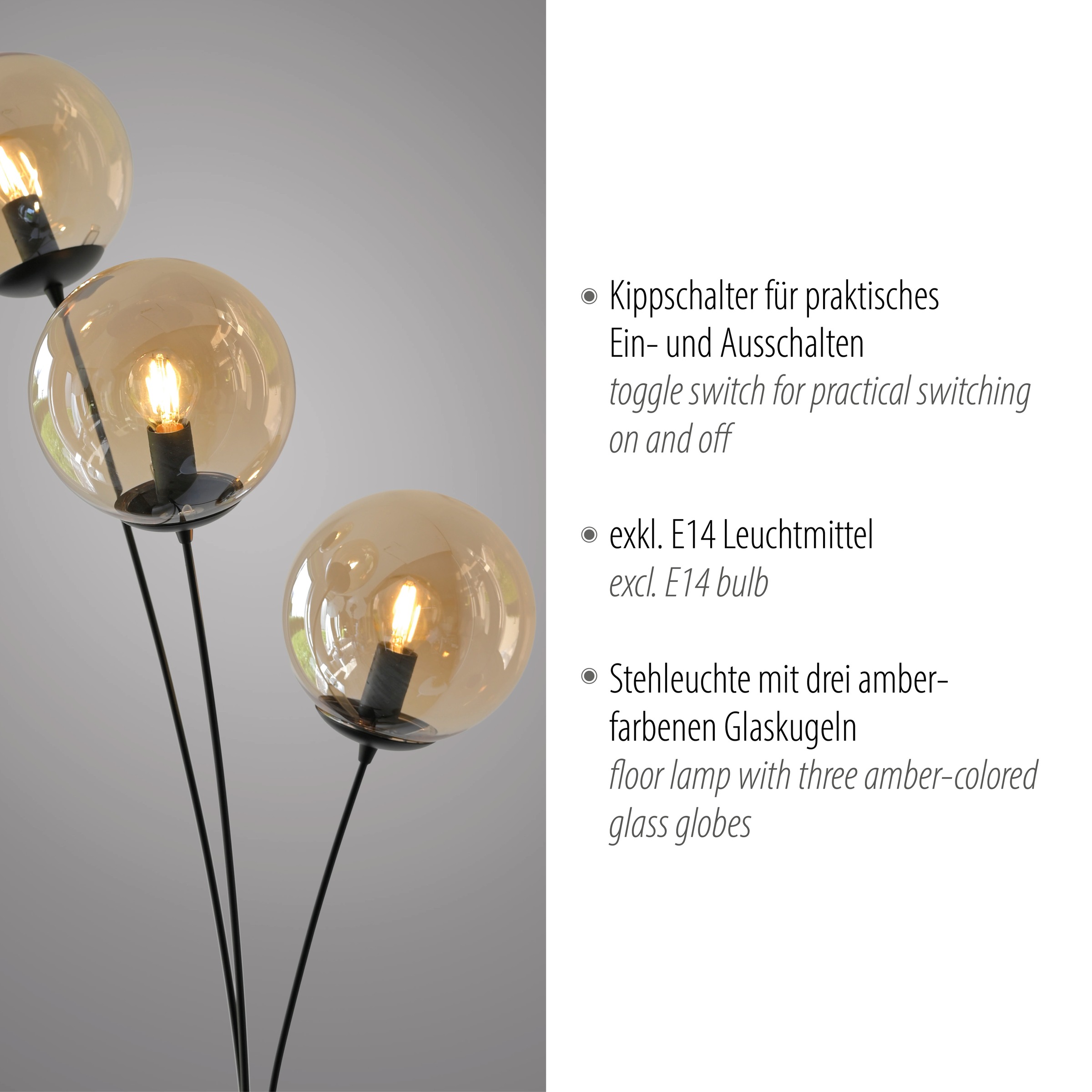 andas Stehlampe »Nymölla«, 3 flammig, Leuchtmittel E14 | ohne Leuchtmittel, Stehleuchte mit großen Glaskugeln amberfarben oder opal matt weiß