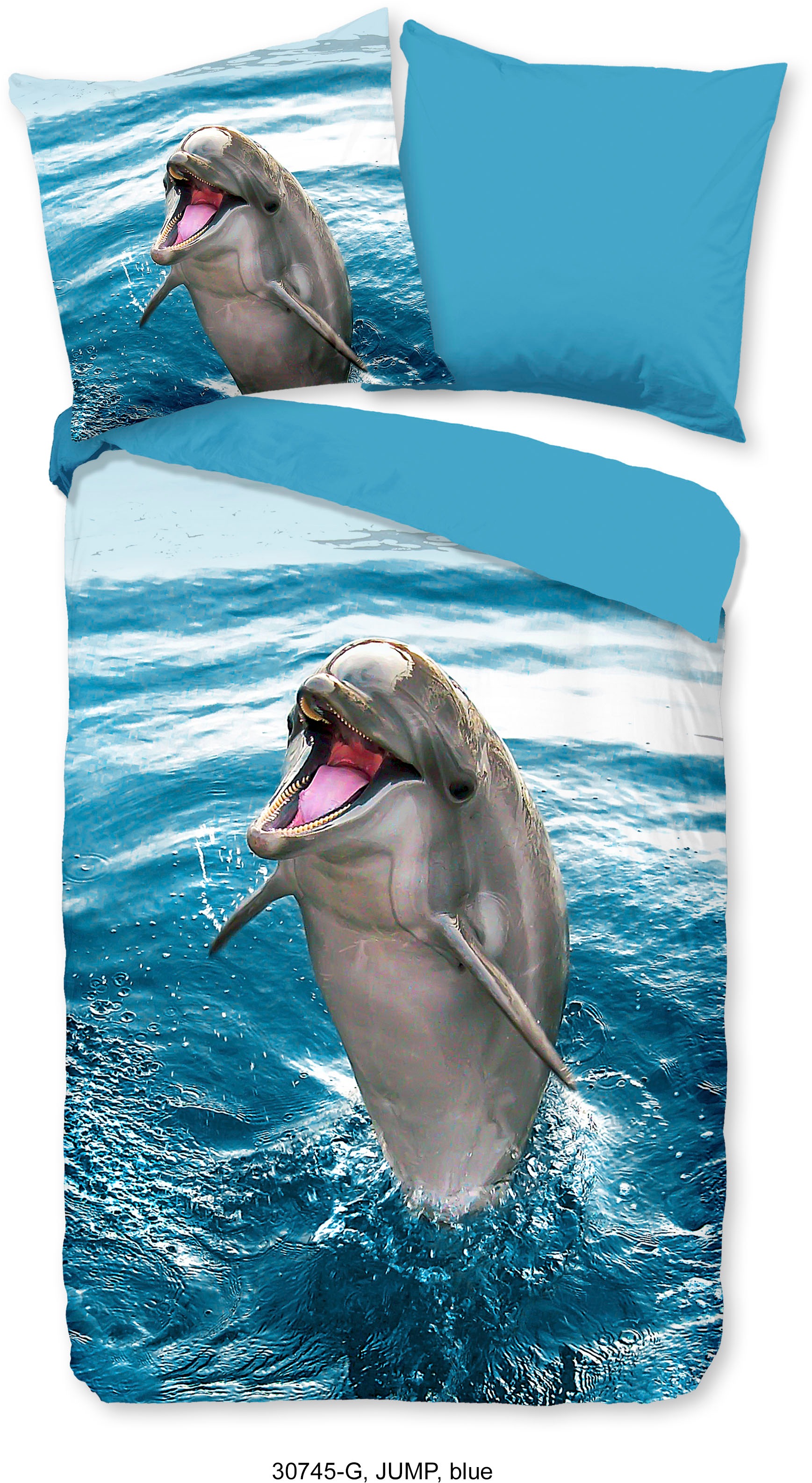 good morning Kinderbettwäsche »Jump«, 100% Baumwolle, 135x200, Reißverschluss, Wendeoptik, Kind, Delfin Blau
