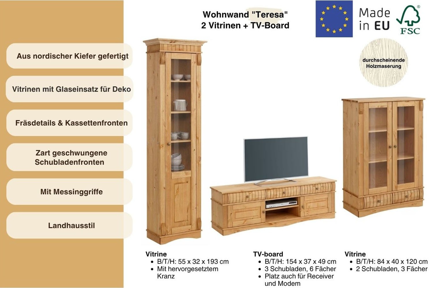 Home affaire Wohnwand »Teresa«, (Set, 3 St.), bestehend aus 1 Vitrine klein, 1 Vitrine groß, 1 Lowboard