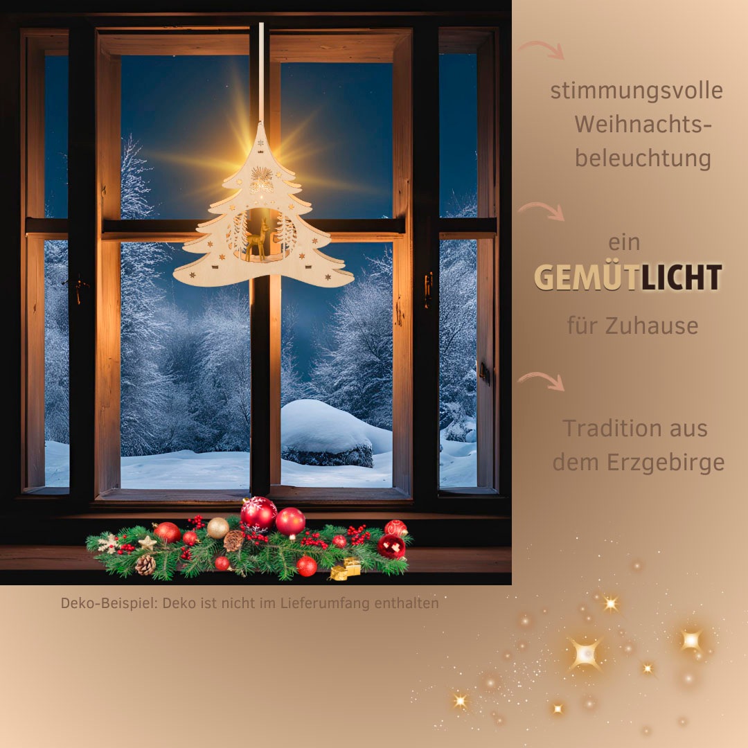 Weigla Dekobaum »beleuchtetes Fensterbild Tannenbaum geschnitztes Reh NATUR-BRAUN«, Erzgebirge garantiert, Weihnachtsdeko Innen, Weihnachtsbeleuchtung
