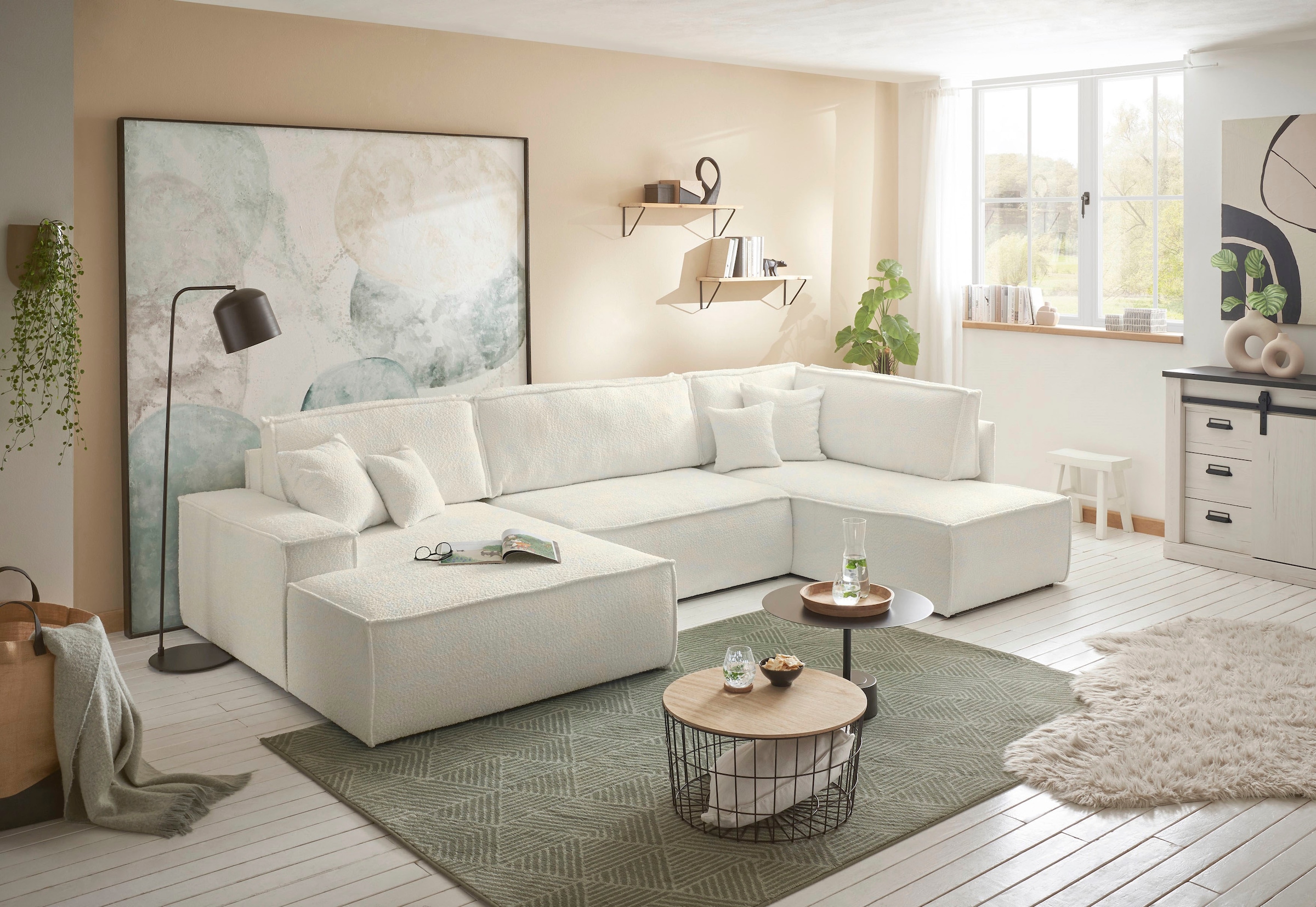 andas Wohnlandschaft »FINNLEY U-Form XXL 329 cm, Schlafsofa, Schlaffunktion m. Bettkasten«, (194/139 cm), Bouclé, Struktur und Cord