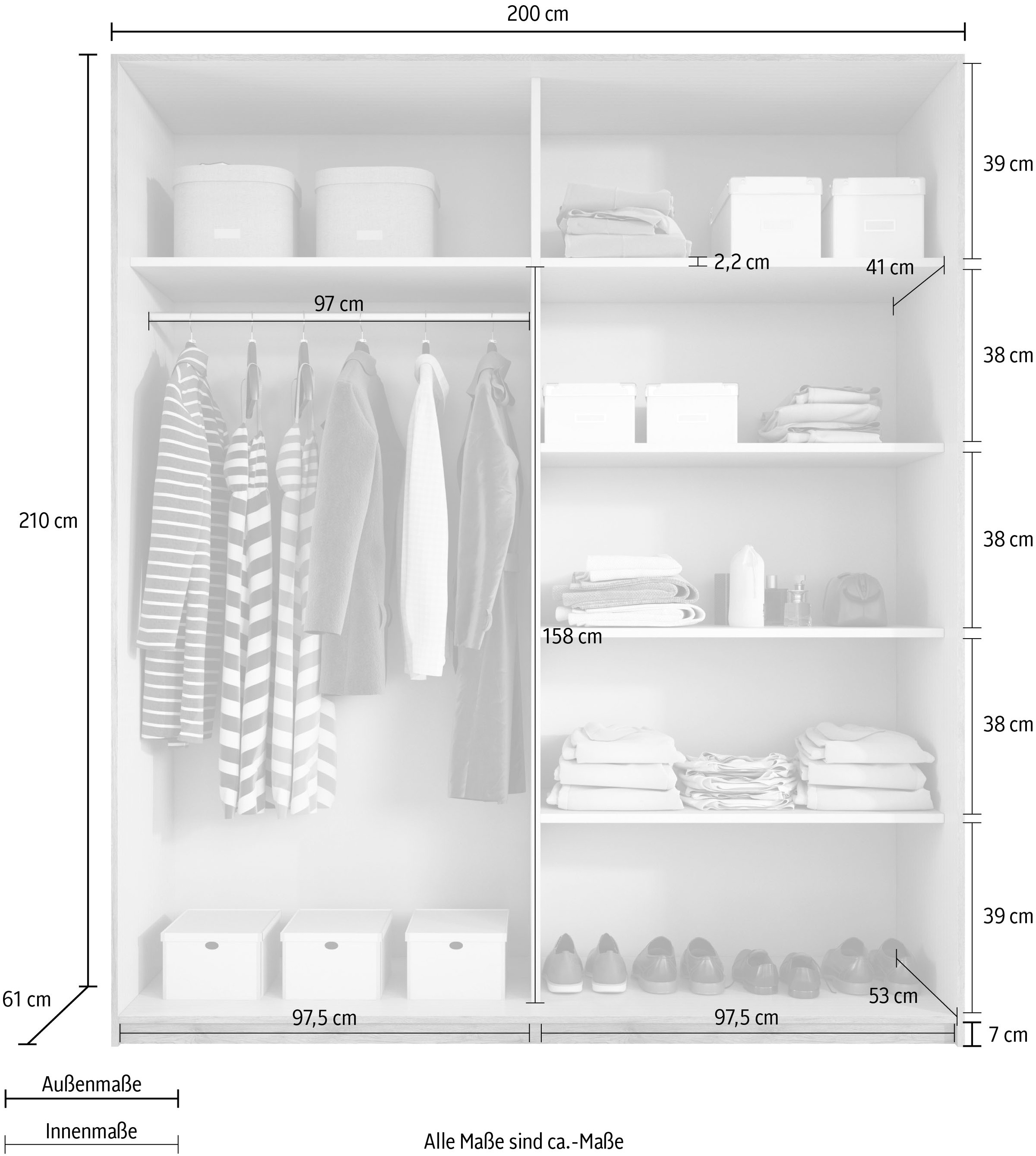 INOSIGN Schwebetürenschrank »Galaxy Kleiderschrank, Wäscheschrank 200, 220 oder 270cm breit«, INKLUSIVE kompletter Innenausstattung, Metallgriffe und Glasfront