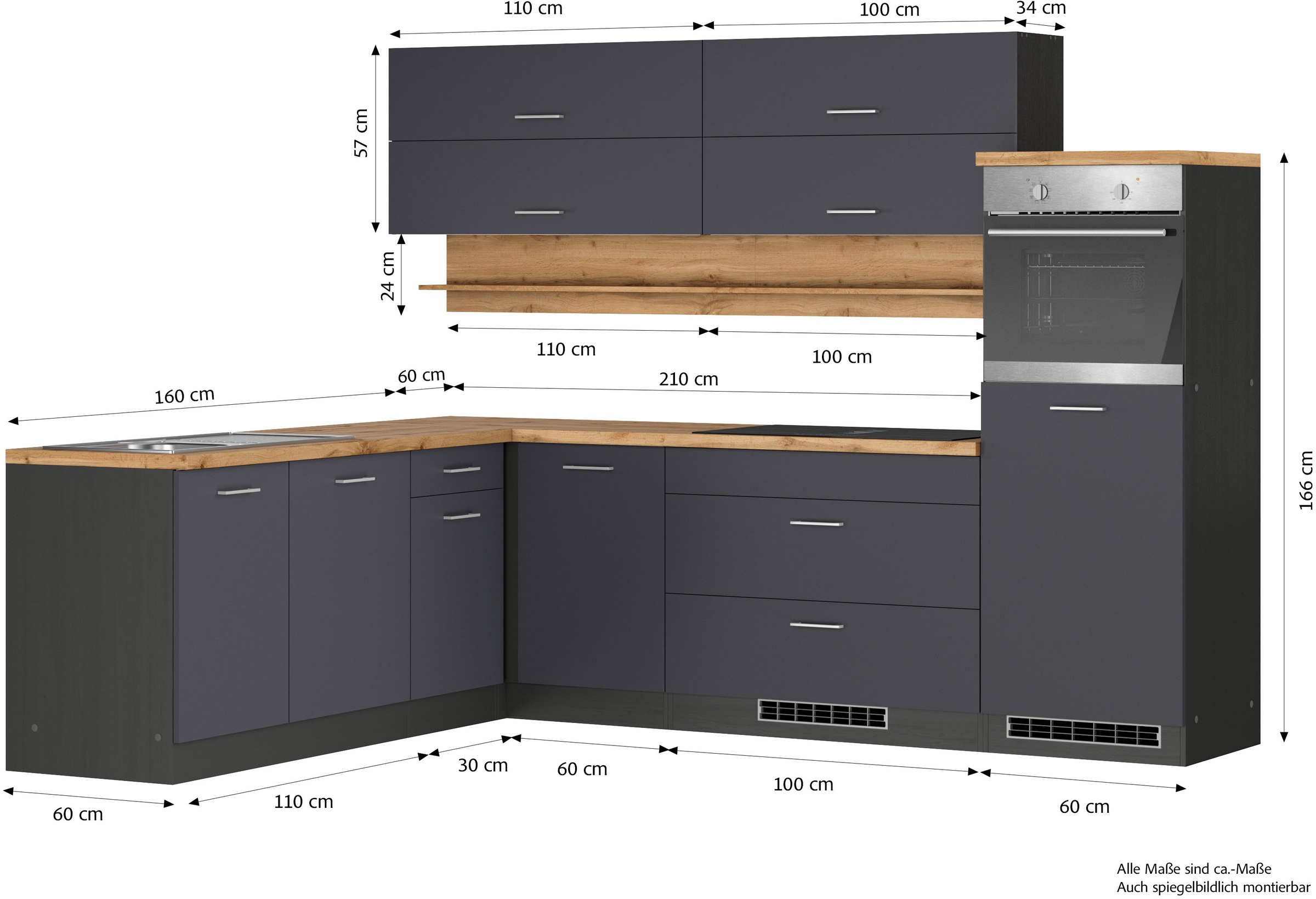 KOCHSTATION Winkelküche »Winkelküche KS-Milan, optional mit Muldenlüfter«, Stellbr.270/220 cm, wahlweise mit E-Geräten, Kochfeld mit Dunstabzug