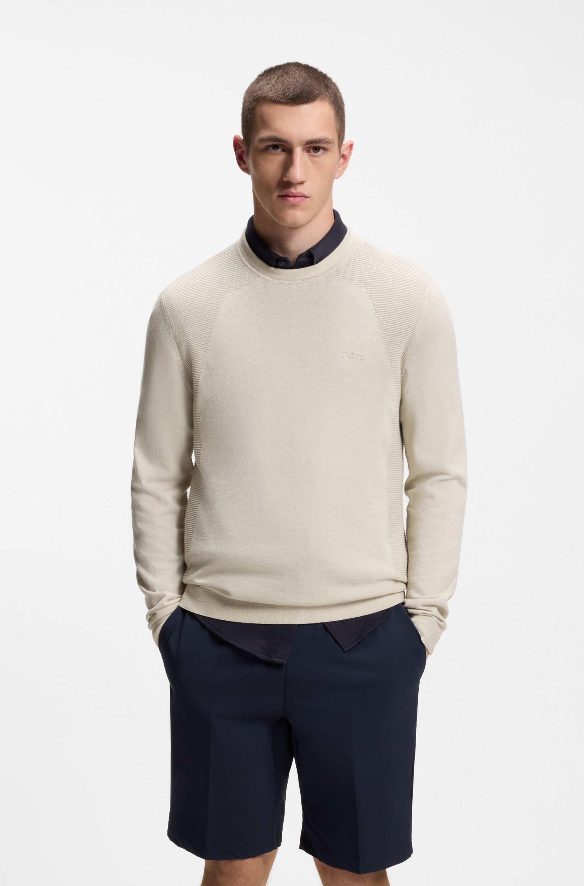 BOSS GREEN Strickpullover Rundhalsauswschnitt, Regular Fit, Struktur-Strick