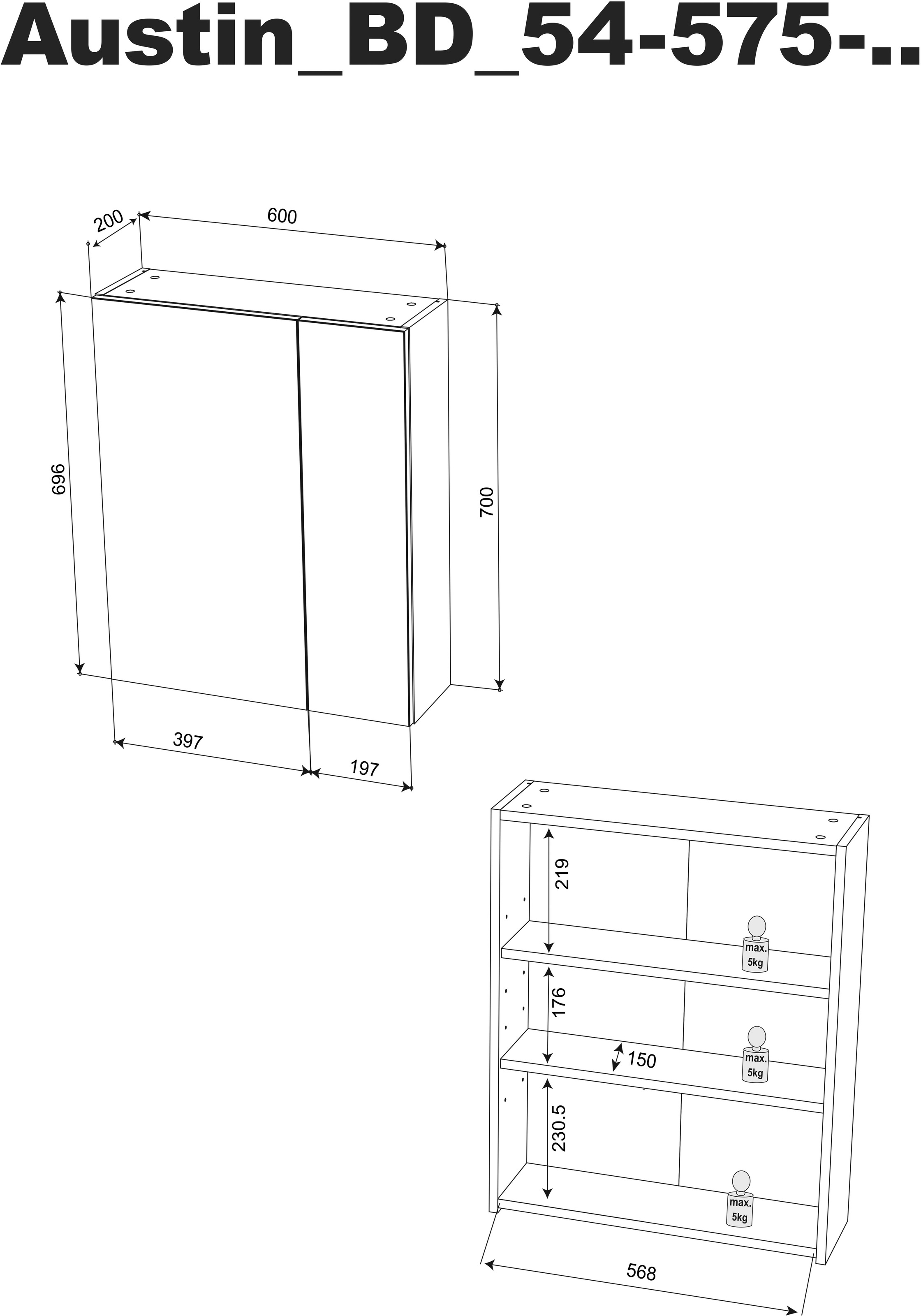 BASIC by Balculina Spiegelschrank »Austin« 1 Stk. tlg. Breite 60 cm, Tür L/R montierbar