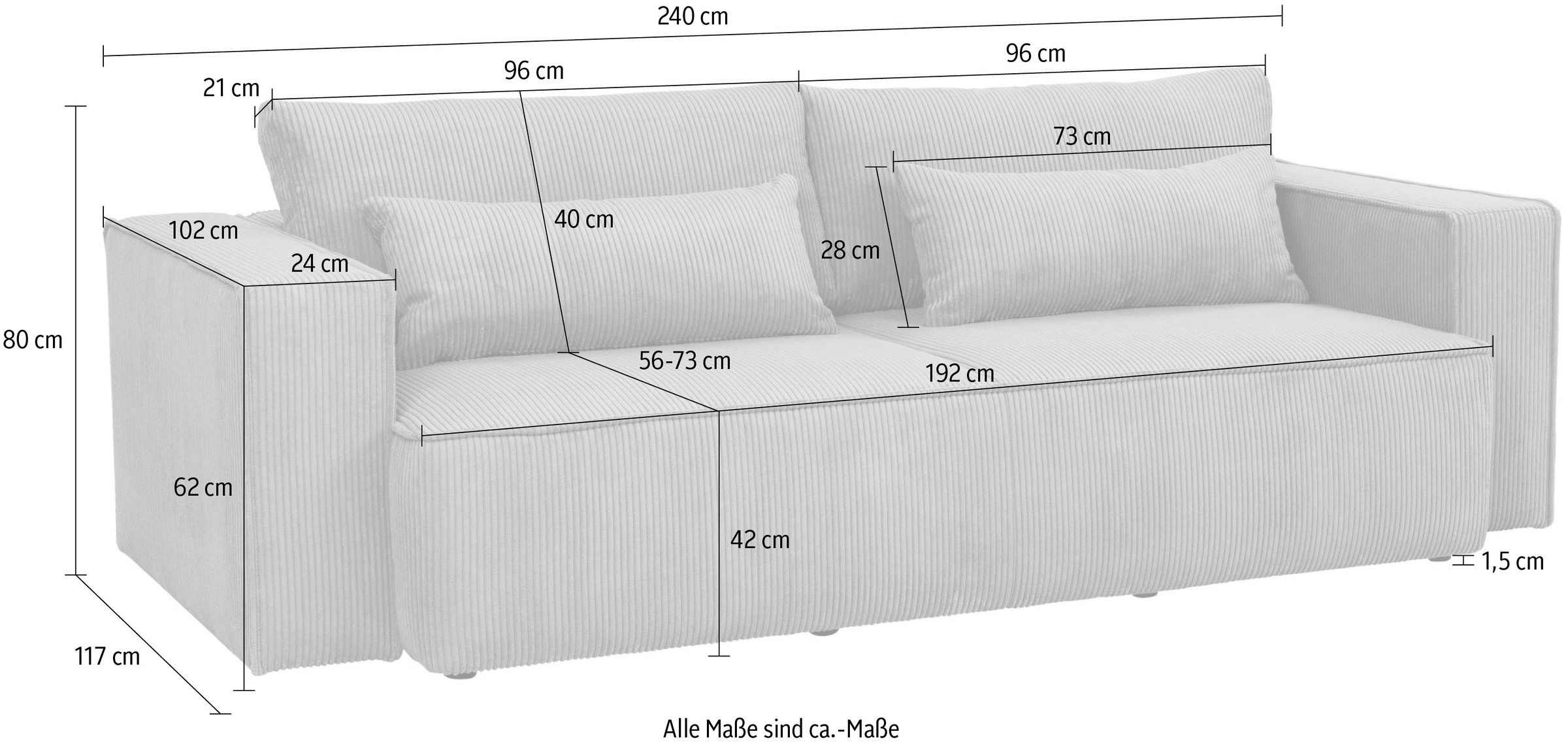 OTTO home 3-Sitzer »Tillian, Schlafsofa, Schlafcouch« Breite 240 cm, Breitkord, Sitzfläche mit Taschenfederkern