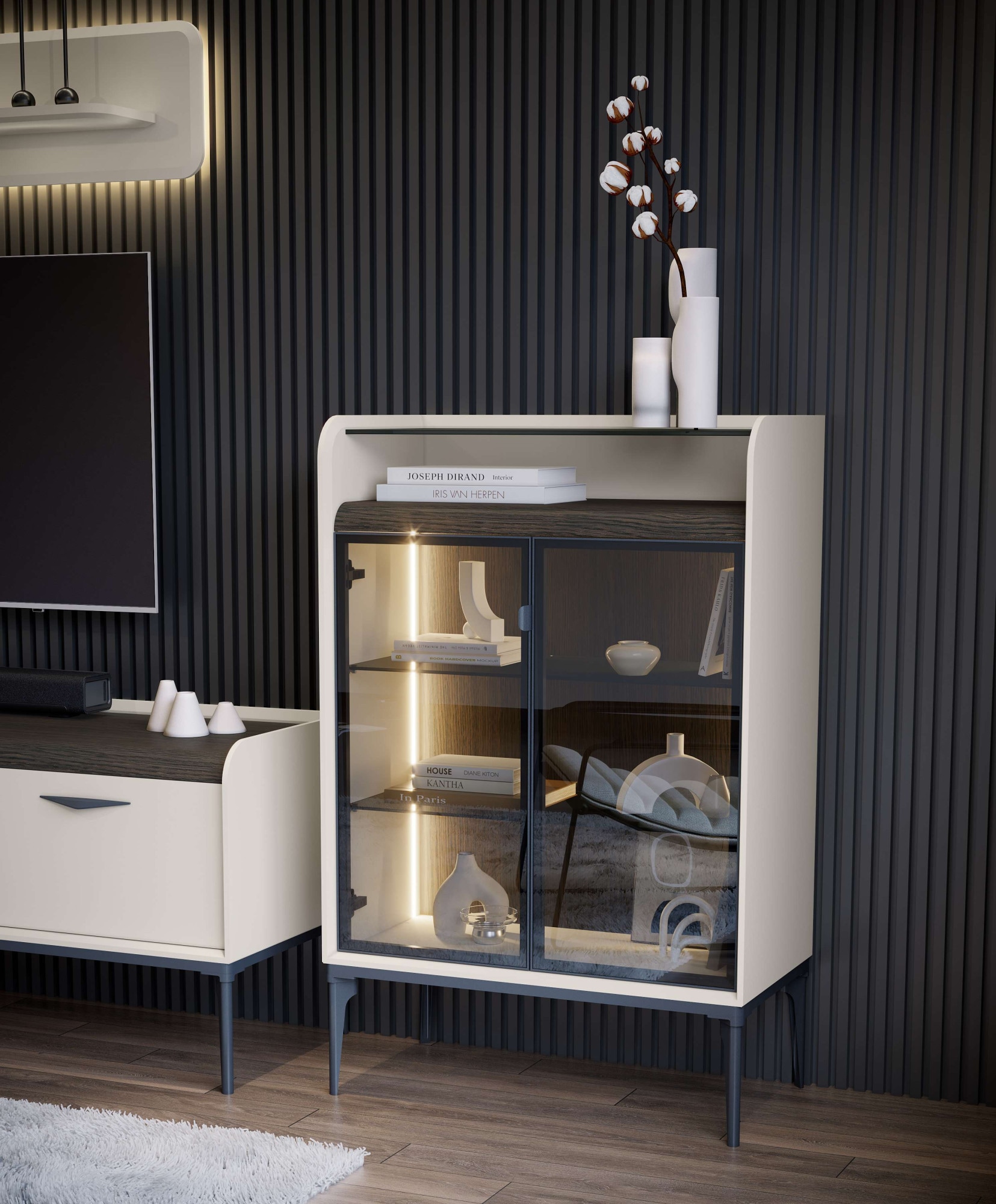 INOSIGN Highboard »Sofy  Sideboard, Kommode, Anrichte, Schrank« UV lackiert, Soft Close Funktion, Metallgestell in Anthrazit Dekor
