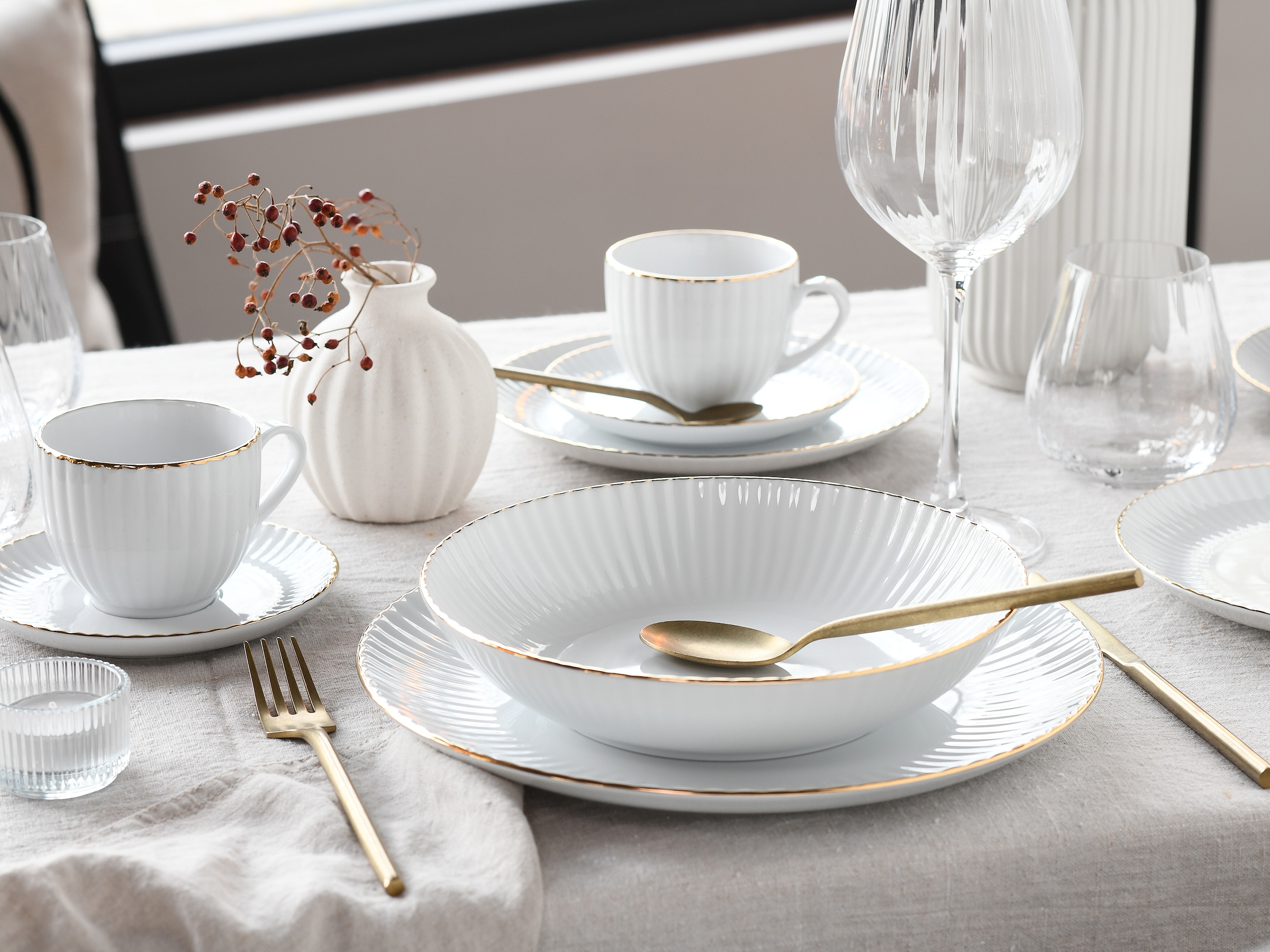 my home Kombiservice »Geschirr-Set, Service Elisetta«, (Set, 30 tlg.), Goldband, Made in Europe, 30 Teile, für 6 Personen