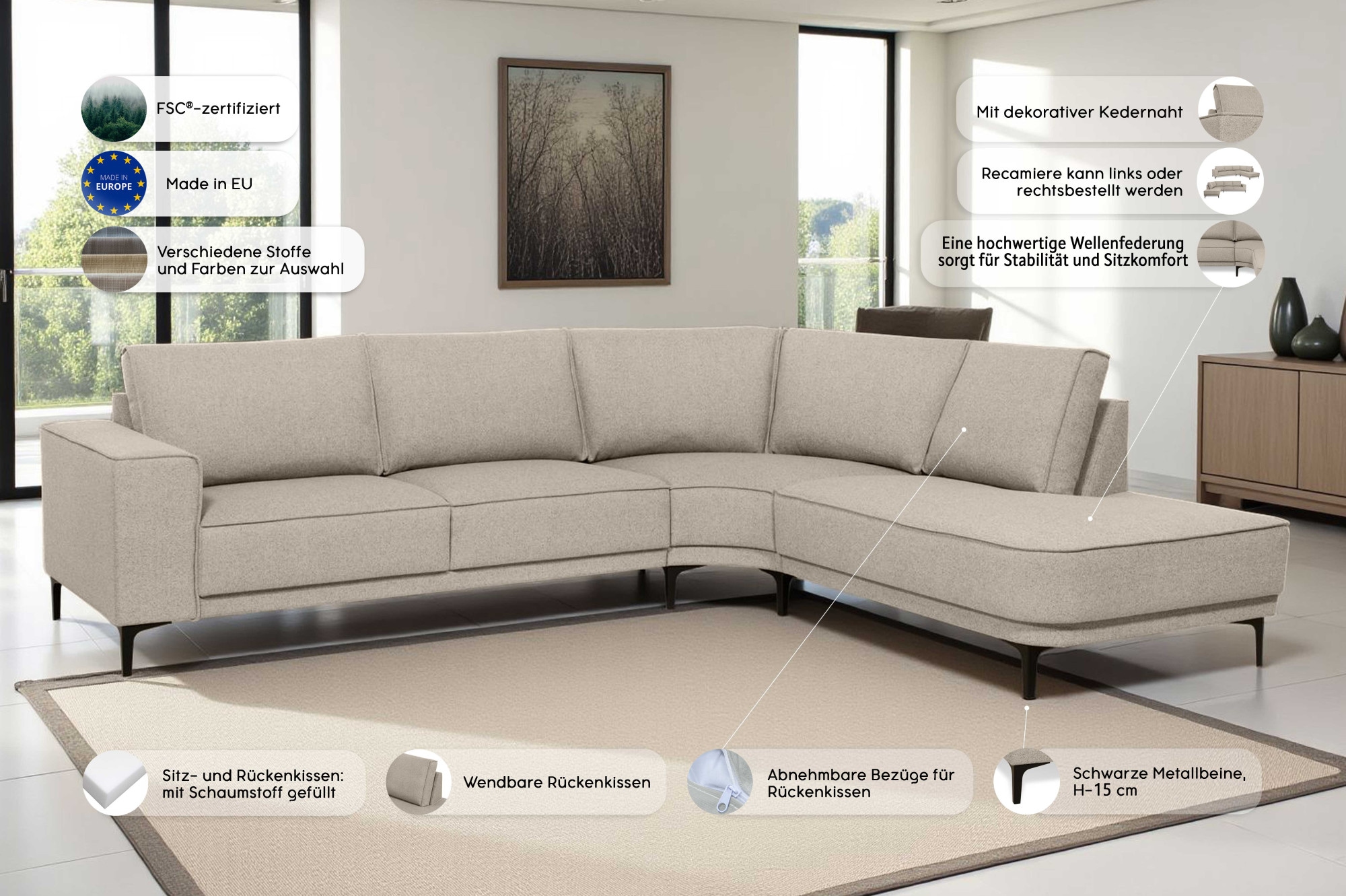 Places of Style Ecksofa »Casina«, mit abgerundeter Ottomane, in einem weichen Chenille-Stoff