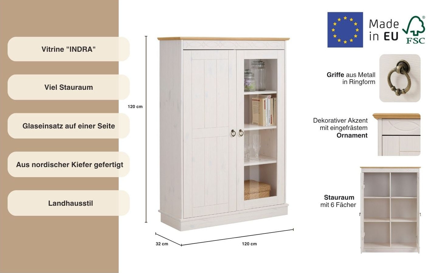 Home affaire Highboard »Indra«, Vitrine, Breite 86 cm