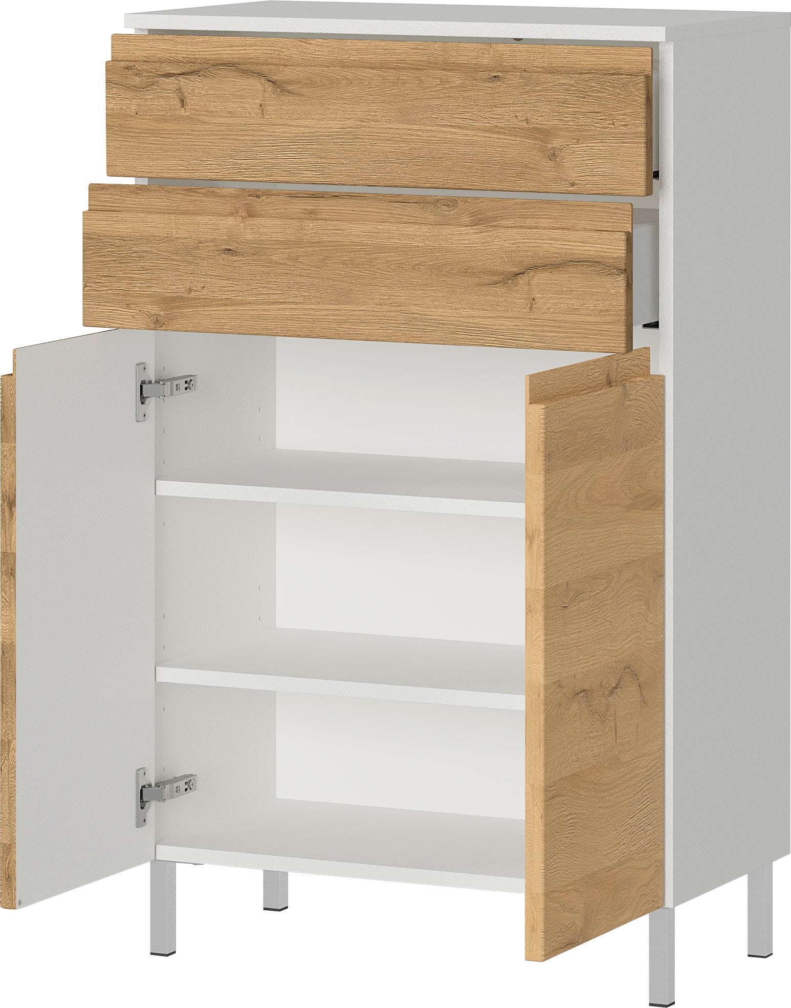 GERMANIA Badmöbel-Set »Torrance«, (4 St.), Unterschrank, Spiegelschrank mit Beleuchtung, Kommode und Hochschrank