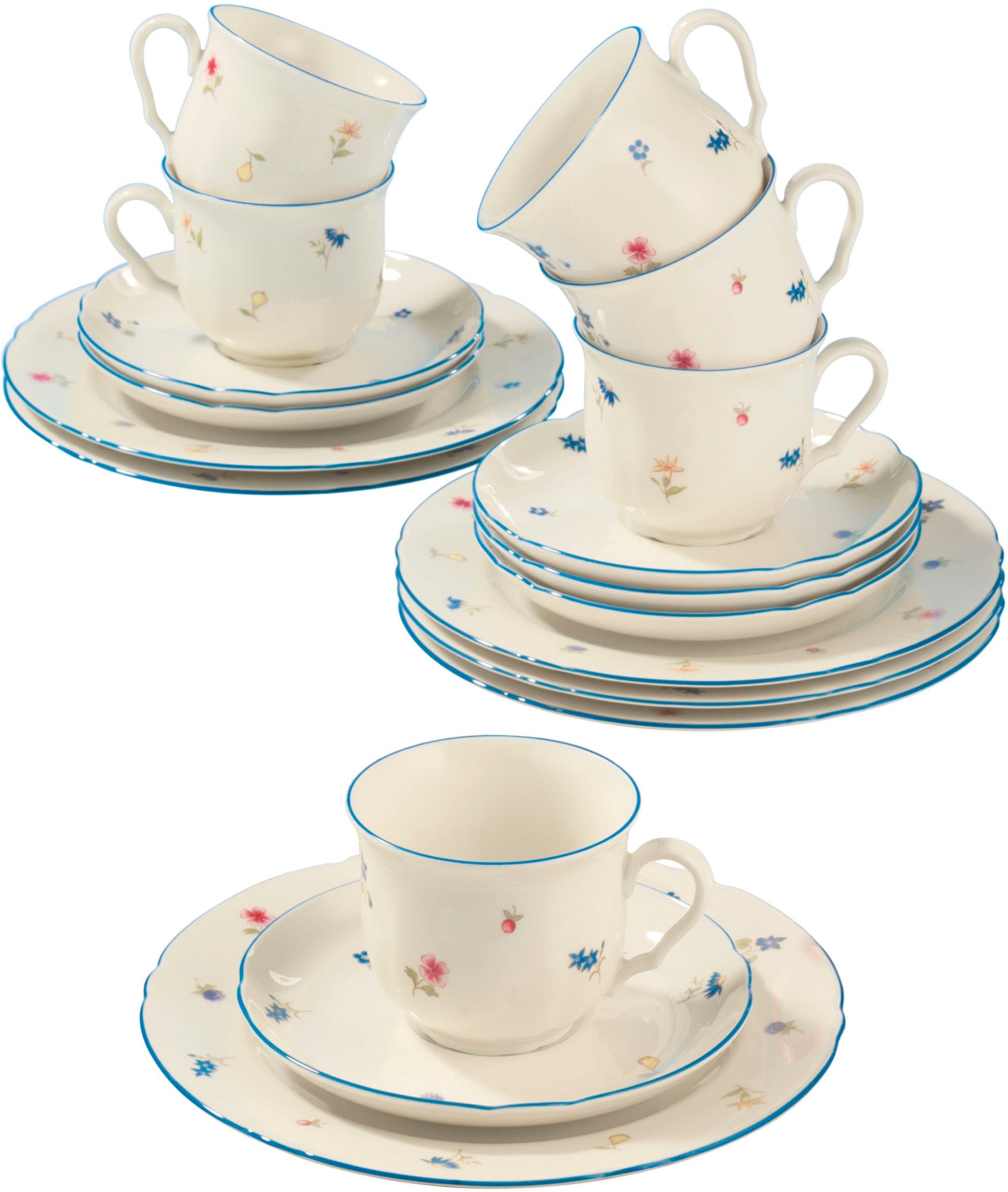 Seltmann Weiden Kaffeeservice »Geschirr-Set, 18 Teile, Marieluise Streublume«, (Set, 18 tlg., 6x Kaffeeobertasse 0,23 l, 6x Kombi-Untertasse, 6x Frühstücksteller), Teller, Tasse, Untertasse, Made in Germany, 18 Teile, für 6 Personen