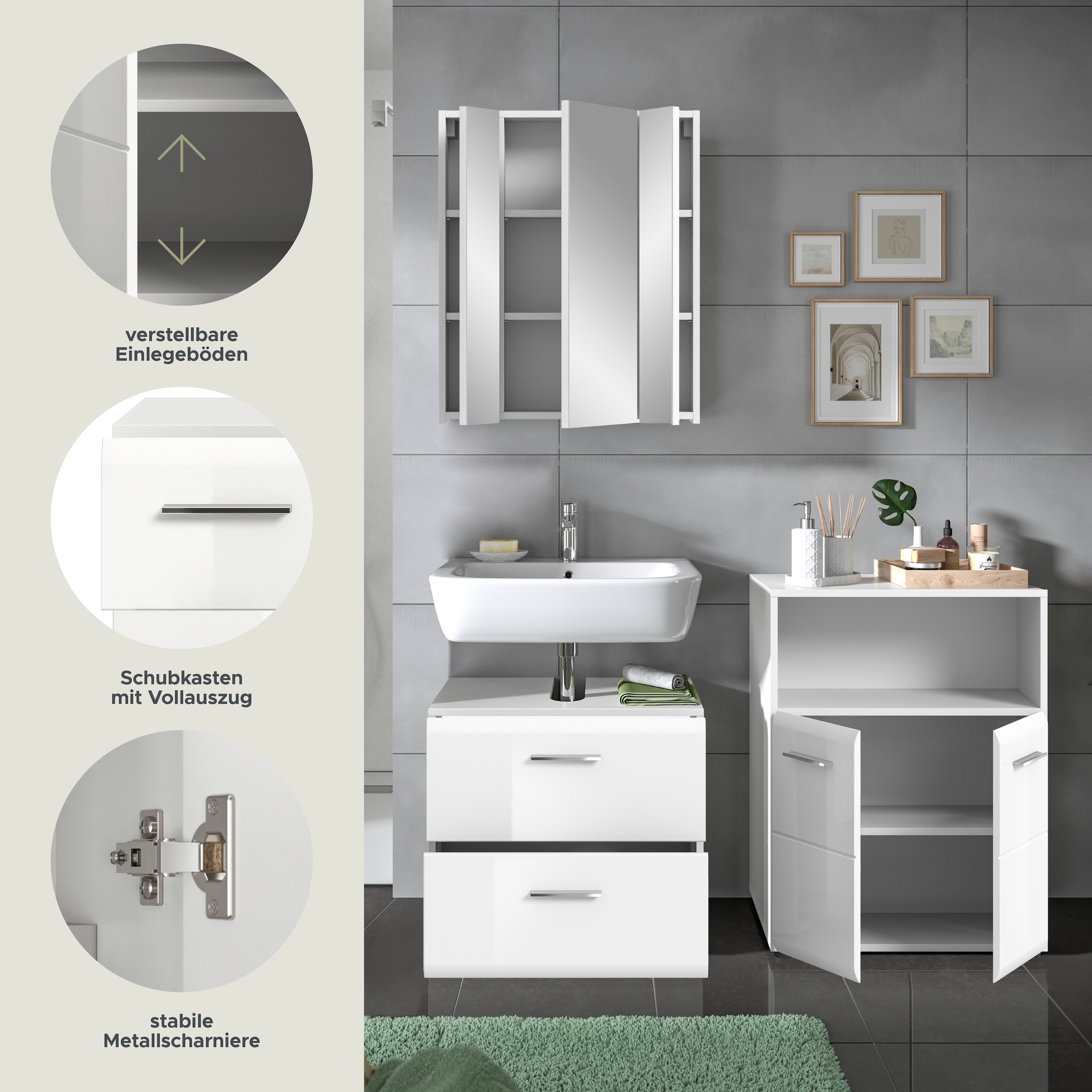 INOSIGN Badmöbel-Set »FLORENZ, TOPSELLER!, 3-teilige Badkombination, hochwertige MDF-Front«, (best. aus: Waschbeckenunterschrank, Spiegelschrank, Midischrank breit), Bad-Kombination, Bad-Möbel, Badezimmer, Kombination, Kombi