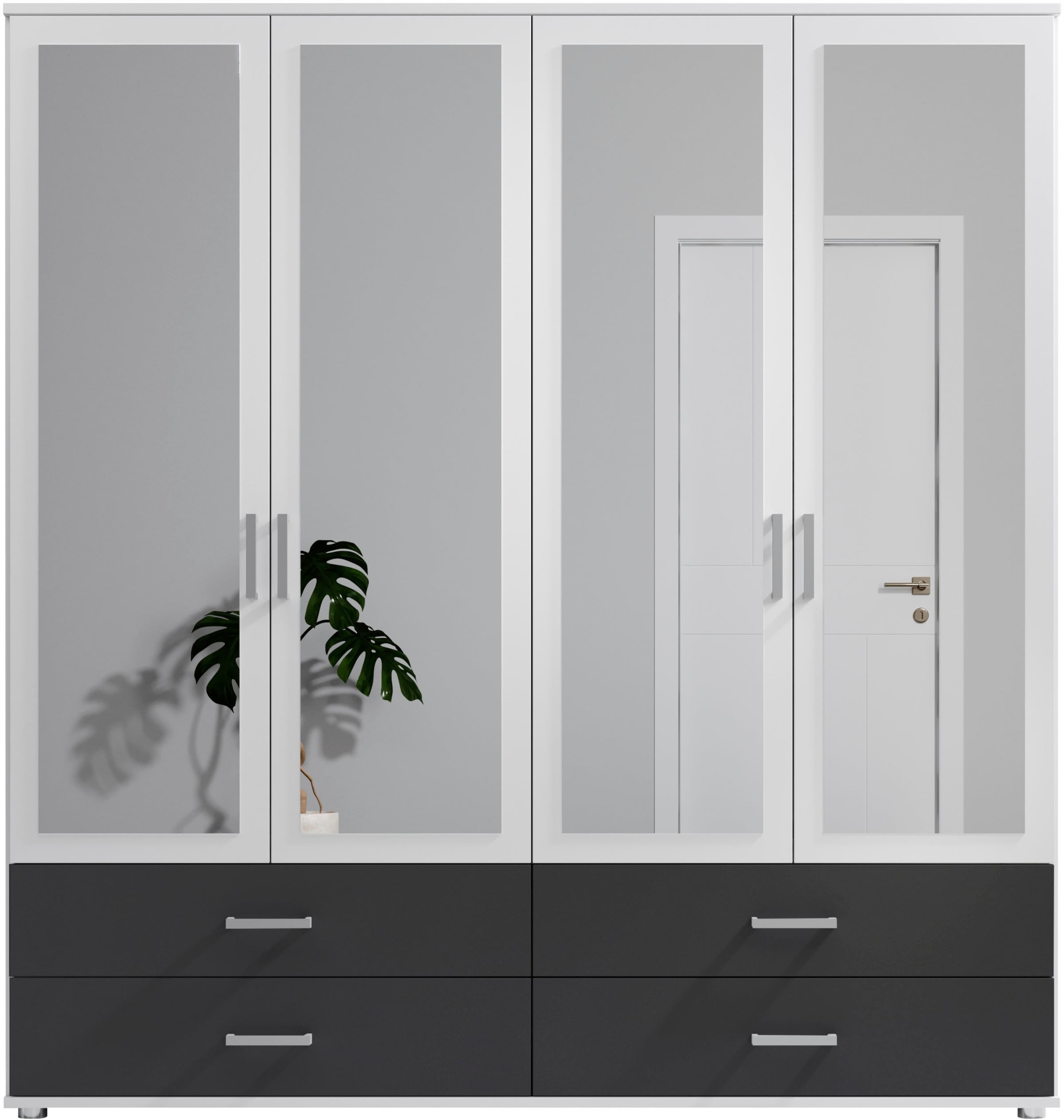 Schlafkontor Drehtürenschrank »Ivar Kleiderschrank mit Spiegel«, inklusive 2 Spiegeltüren und 4 farblich abgesetzten Schubkästen