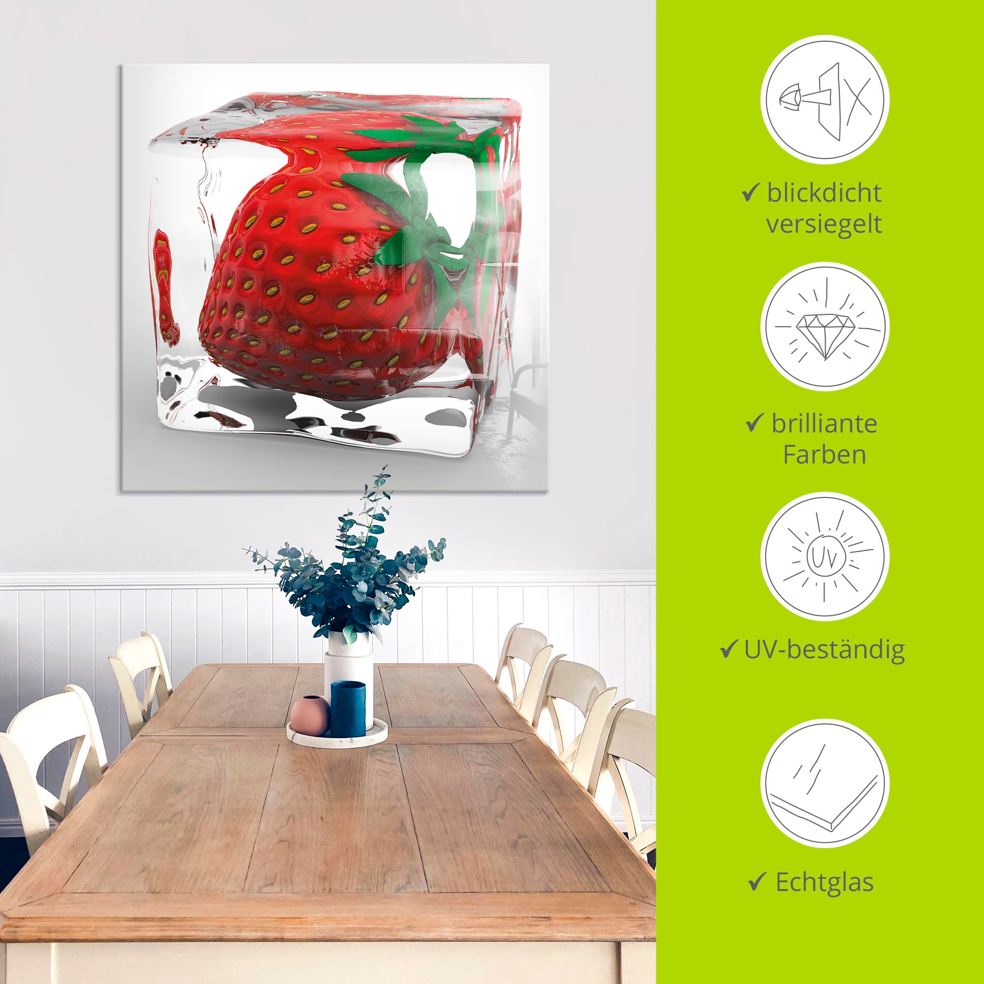 Artland Glasbild »Erdbeere in Eis«, Lebensmittel, (1 St.), in verschiedenen Größen