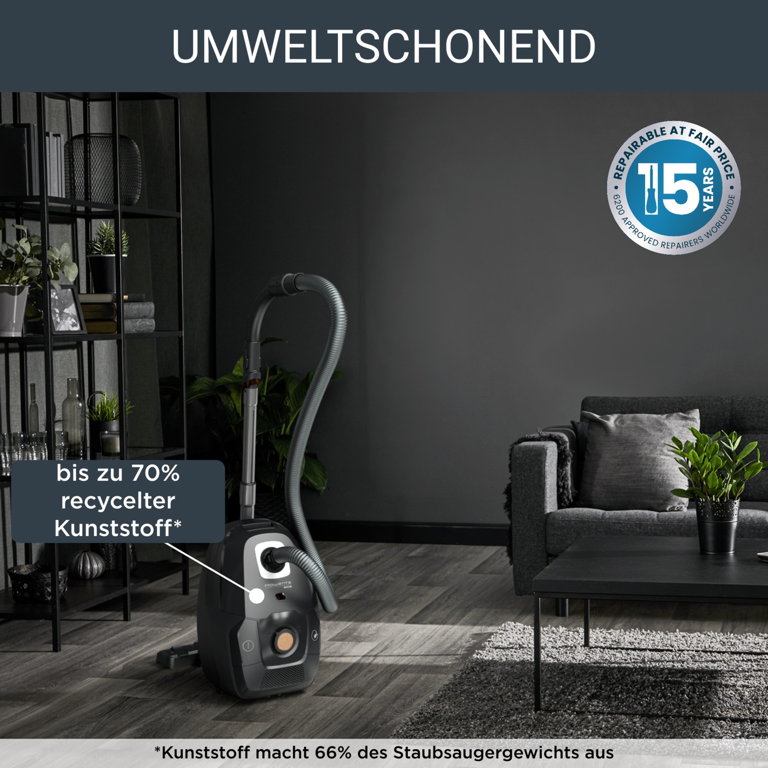 Rowenta Bodenstaubsauger »Green Force Effitech, Staubsauger mit Beutel, großer Aktionsradius«, 400 W, mit Beutel, umweltschonend aus recyceltem Kunststoff, starke Saugleistung, RO6189