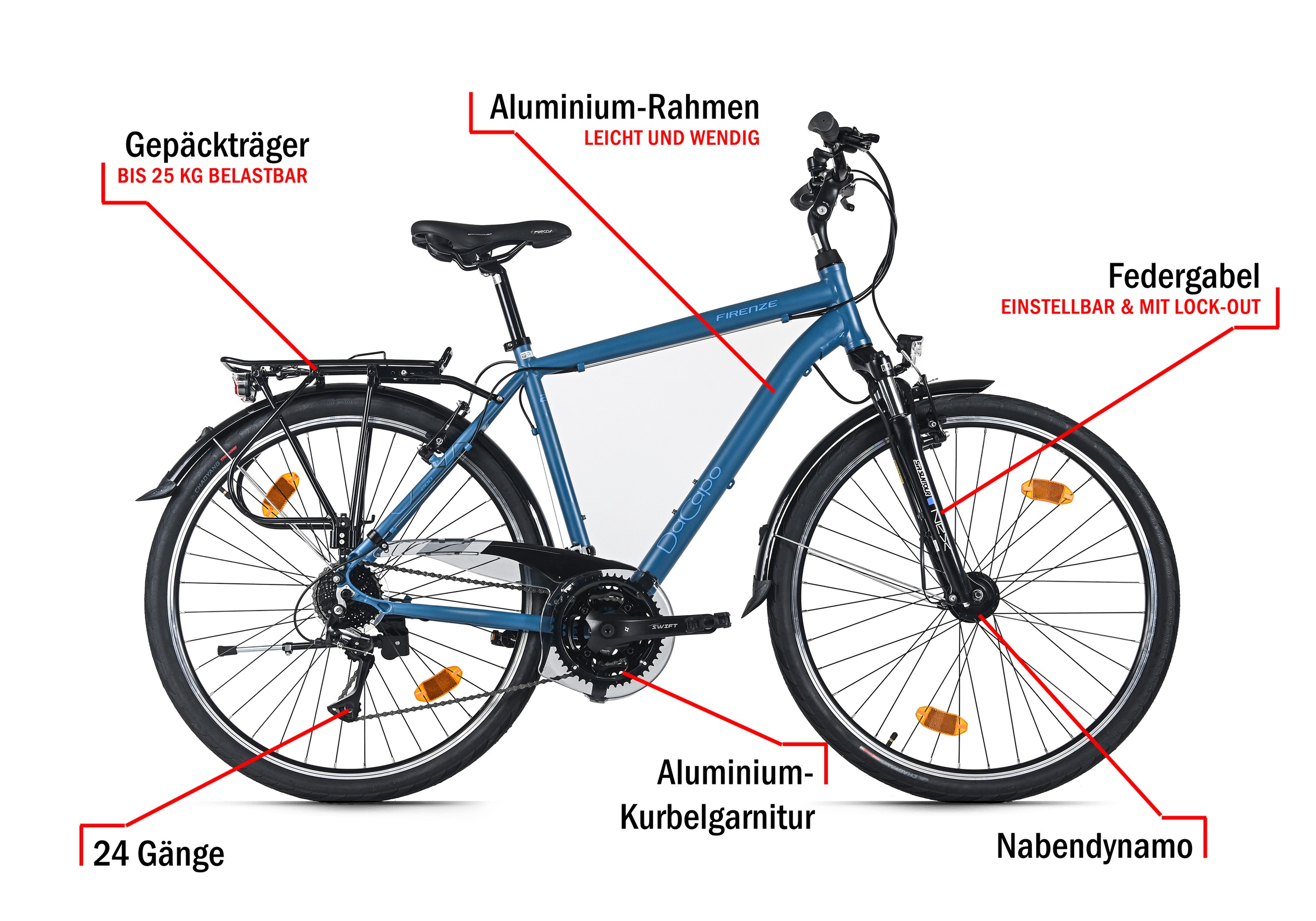 Dacapo Trekkingrad »Firenze 200 Anthrazit 24 Gänge RH 53 cm« 24 Gang Shimano Acera Schaltwerk Kettenschaltung