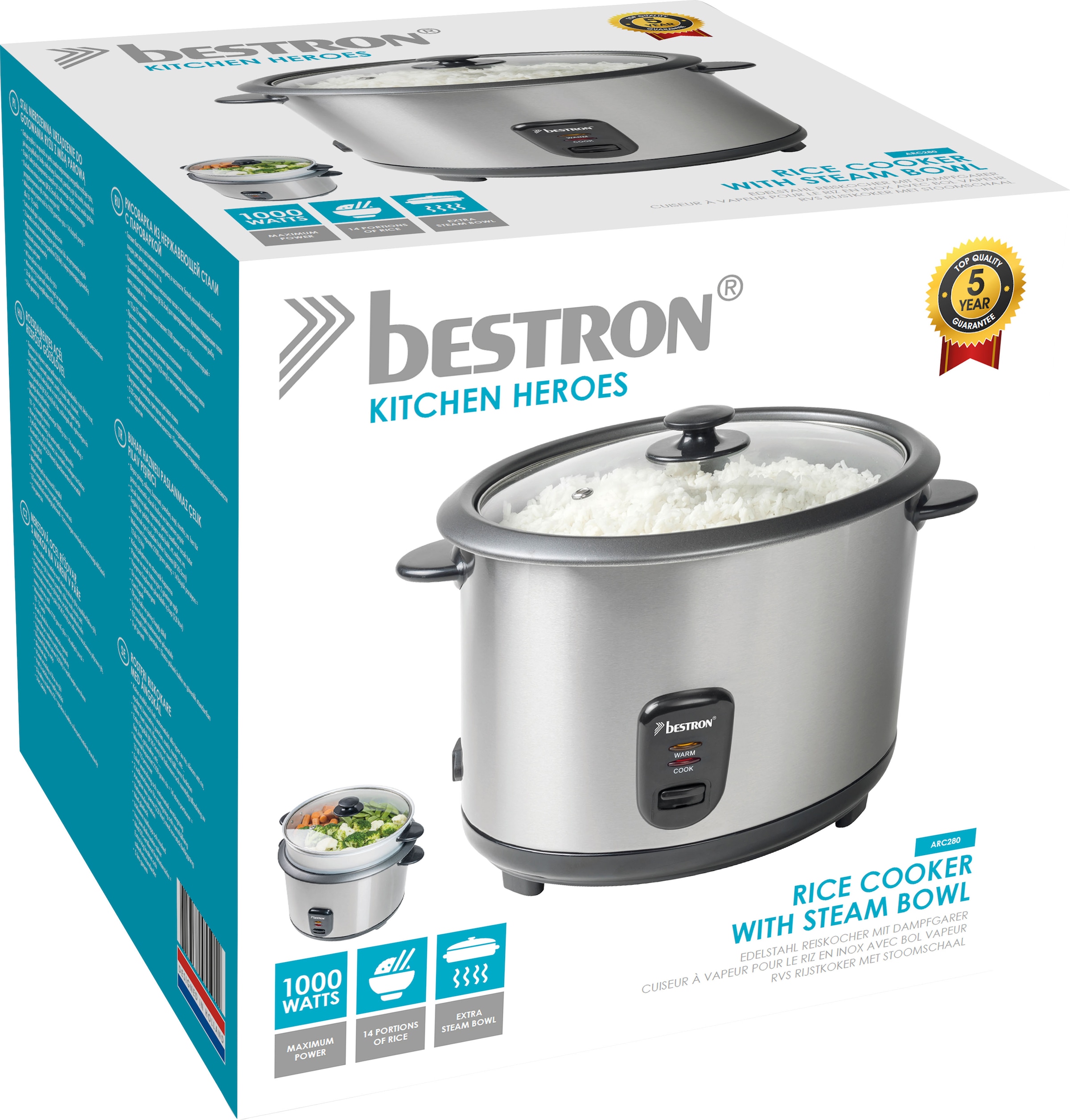 bestron Reiskocher »ARC280«, mit Dampfgar-Aufsatz und Warmhalte-Funktion, 2,8 Liter, Edelstahl