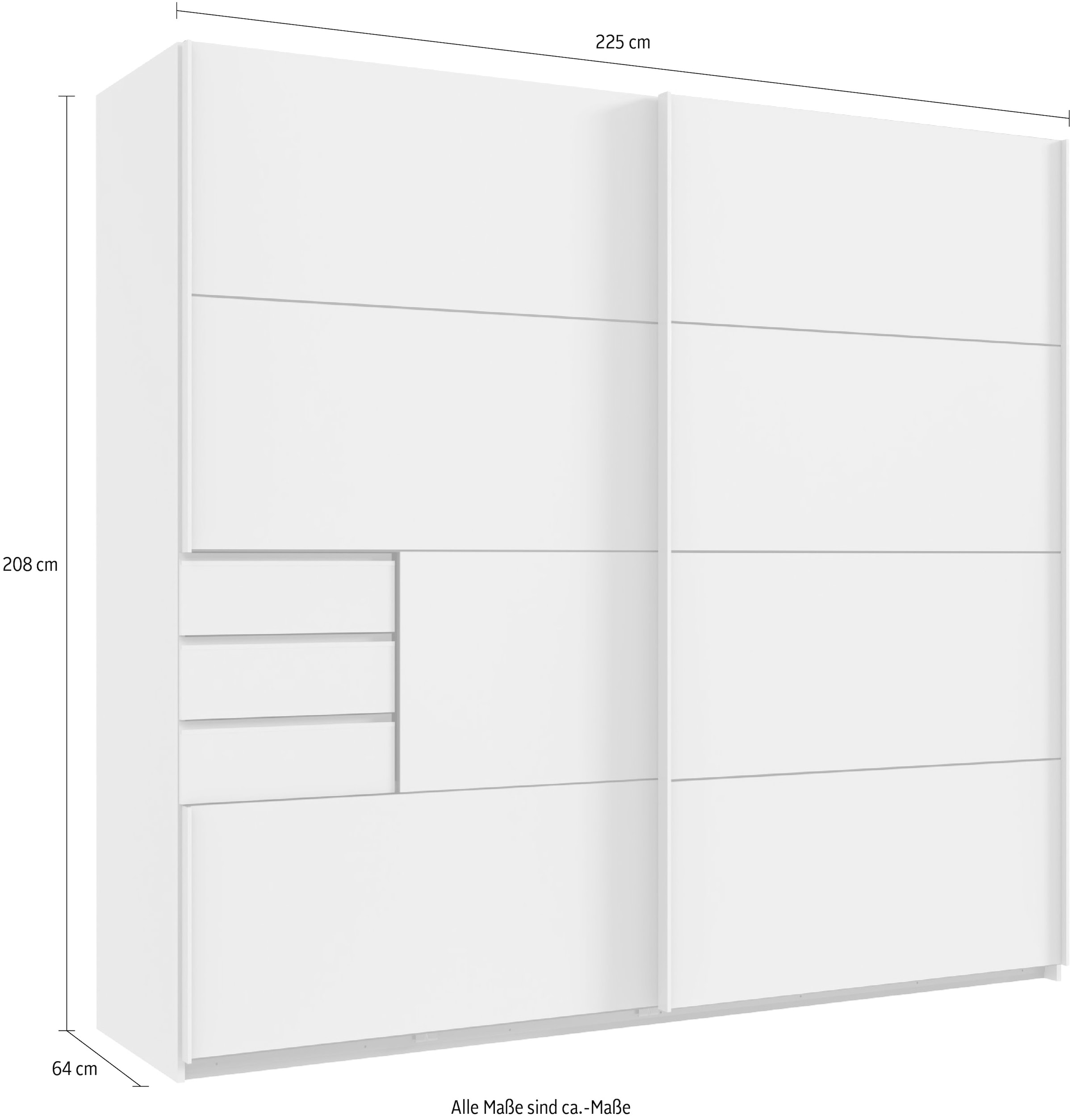 Wimex Schwebetürenschrank »Saigon, mit kompletter Innenausstattung, Made in Germany«, Kleiderschrank 2-türig, 225cm breit, mit 3 praktischen Außenschubladen