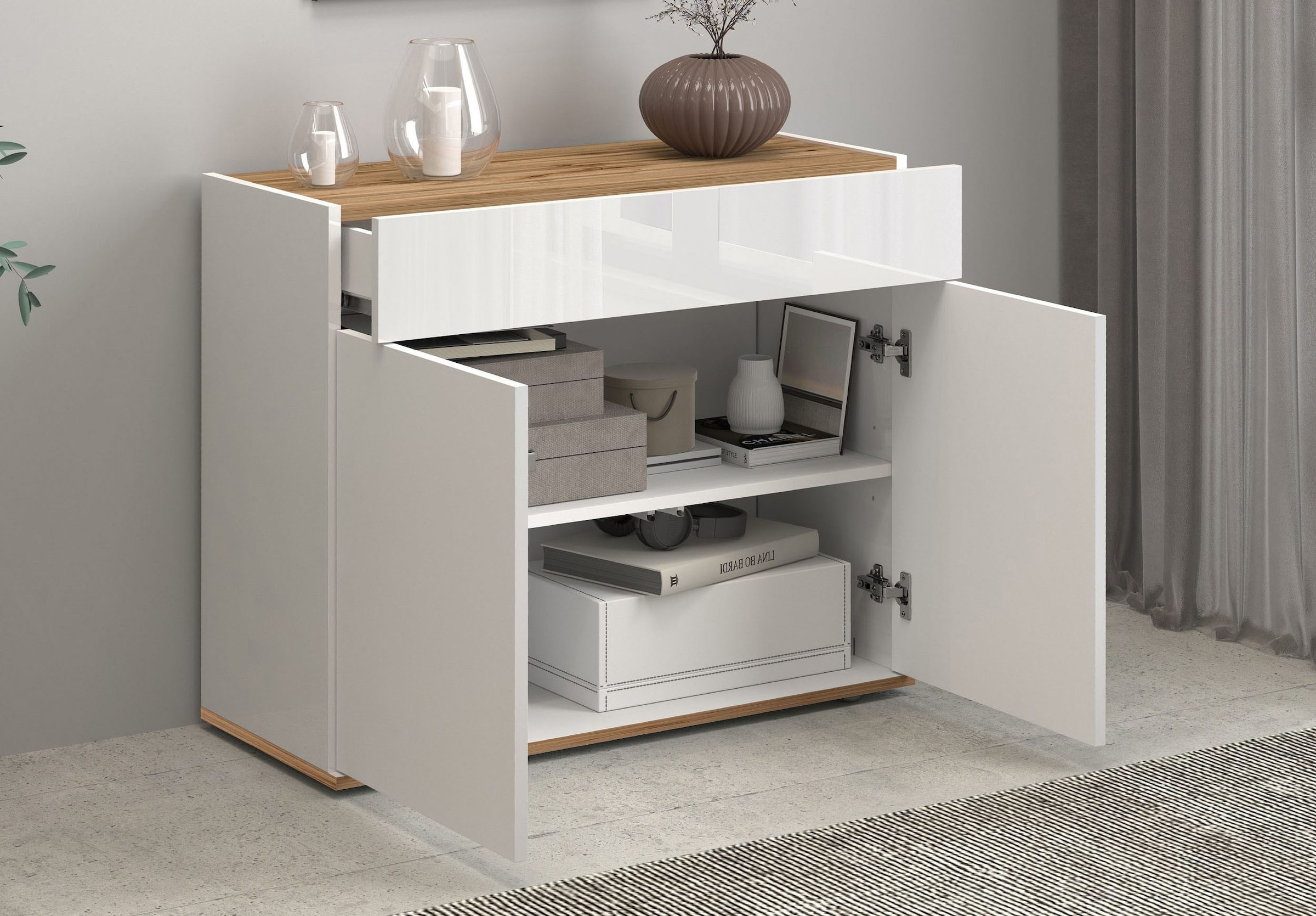 INOSIGN Sideboard »Garda, Kommode, Schrank, 2 Türen, 1 Schublade, Made in Italy« Hochglanzlackierte Fronten, Korpus matt, grifflos, Breite 80,9 cm