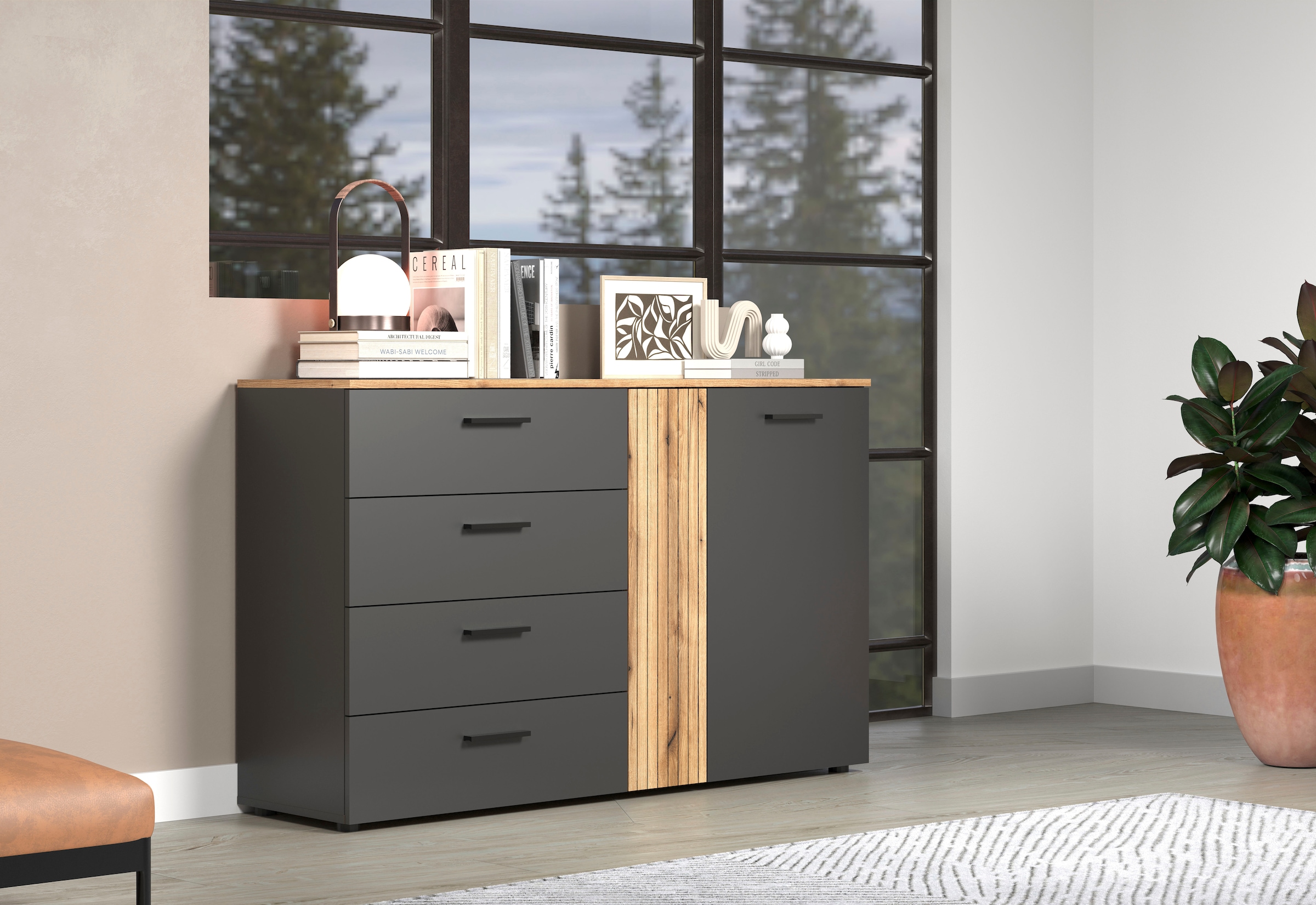 Home affaire Kommode »Estepona« 1 Stk. tlg. Schubladenschrank in Rillenoptik mit Vollauszug-Funktion